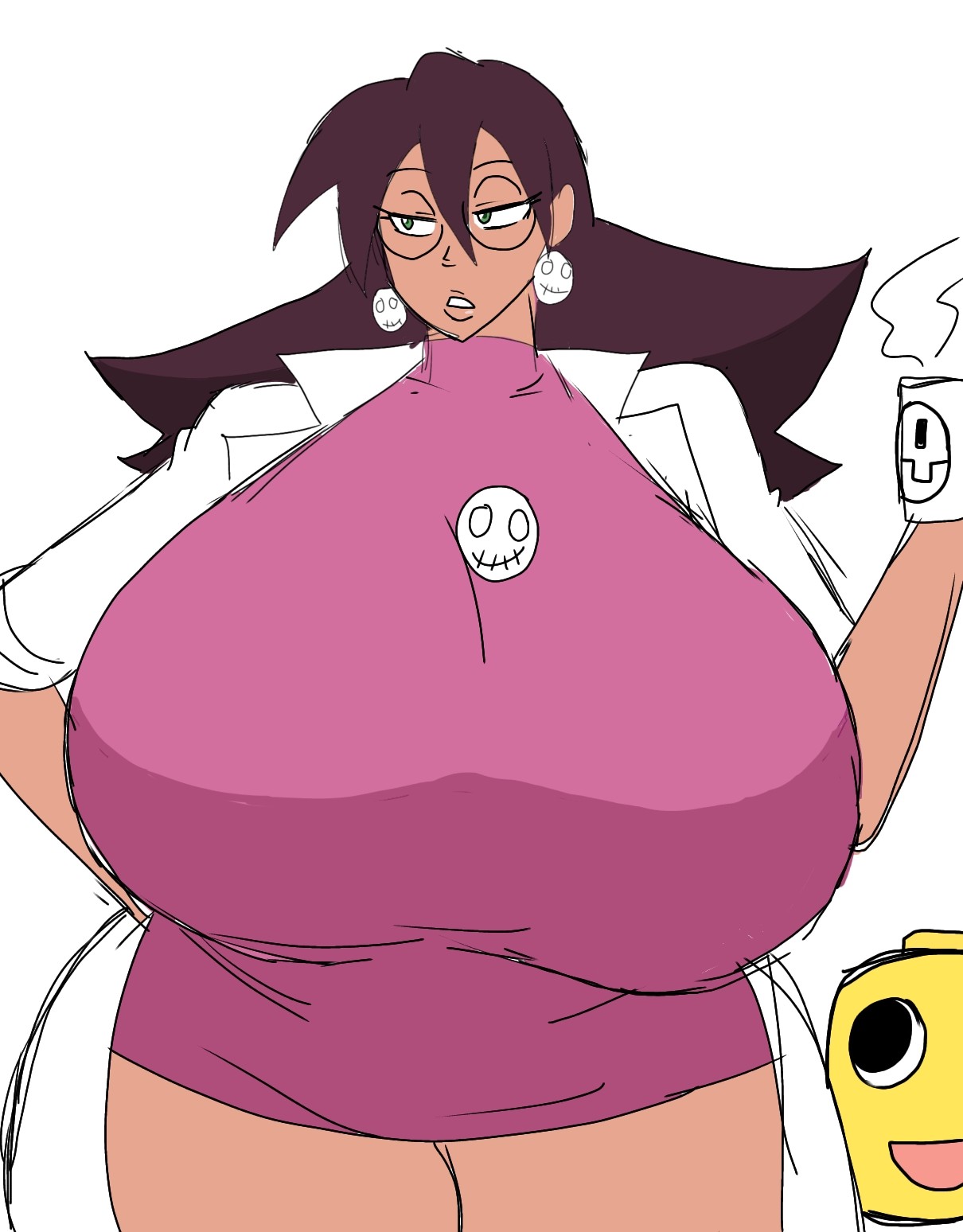 breasts, eyeglasses, female, huge breasts, jpg, labcoat, mega man, mega man legends, momiji (artist), mug, servbot, tagme, thick thighs, tron bonne, twitter link, wide hips