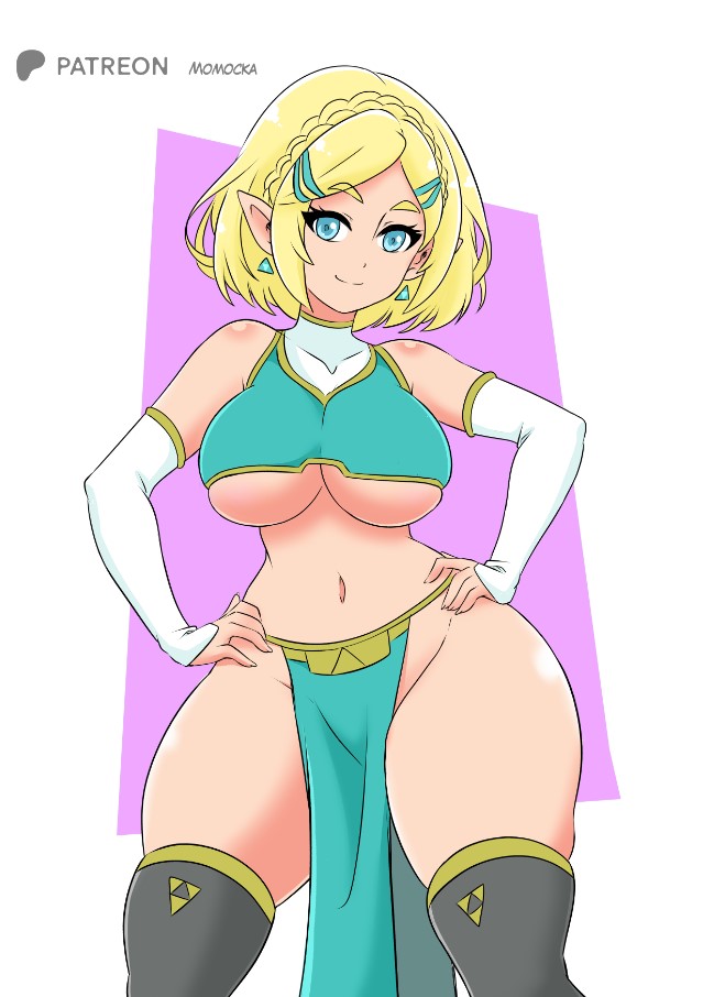 big breasts, blonde hair, blue eyes, breasts, elbow gloves, female, hylian, kneehighs, loincloth, midriff, momocka art, nintendo, pelvic curtain, princess zelda, tears of the kingdom, the legend of zelda, thick thighs, underboob, zelda (tears of the kingdom)