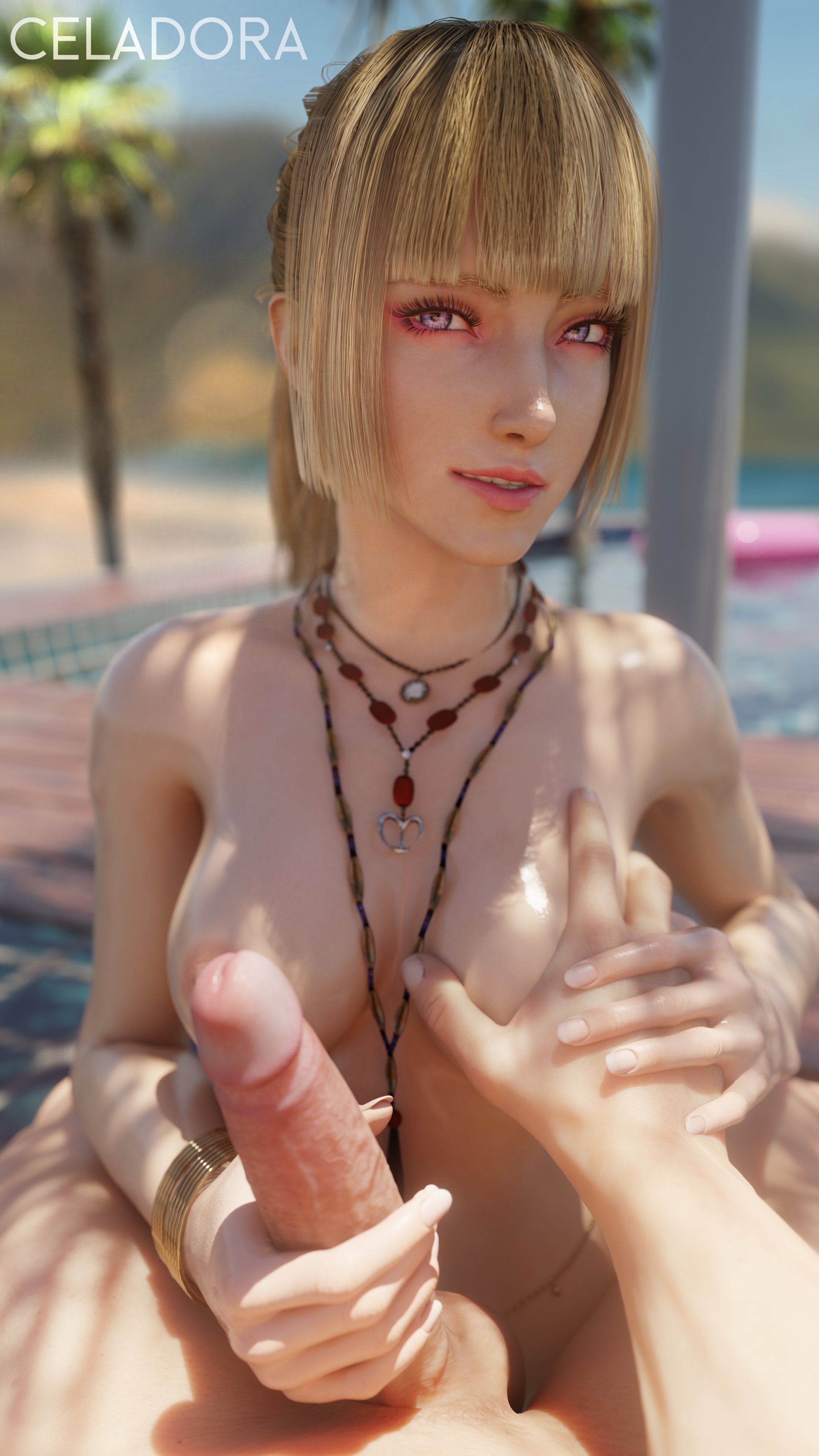 1boy, 1girls, 3d, areolae, blonde hair, breasts, celadora, emilie de rochefort, female, handjob, light skin, light-skinned female, light-skinned male, male, male pov, medium breasts, necklace, nipples, nude, nude female, nude male, penis, purple eyes, tekken, tekken 8, unseen male face