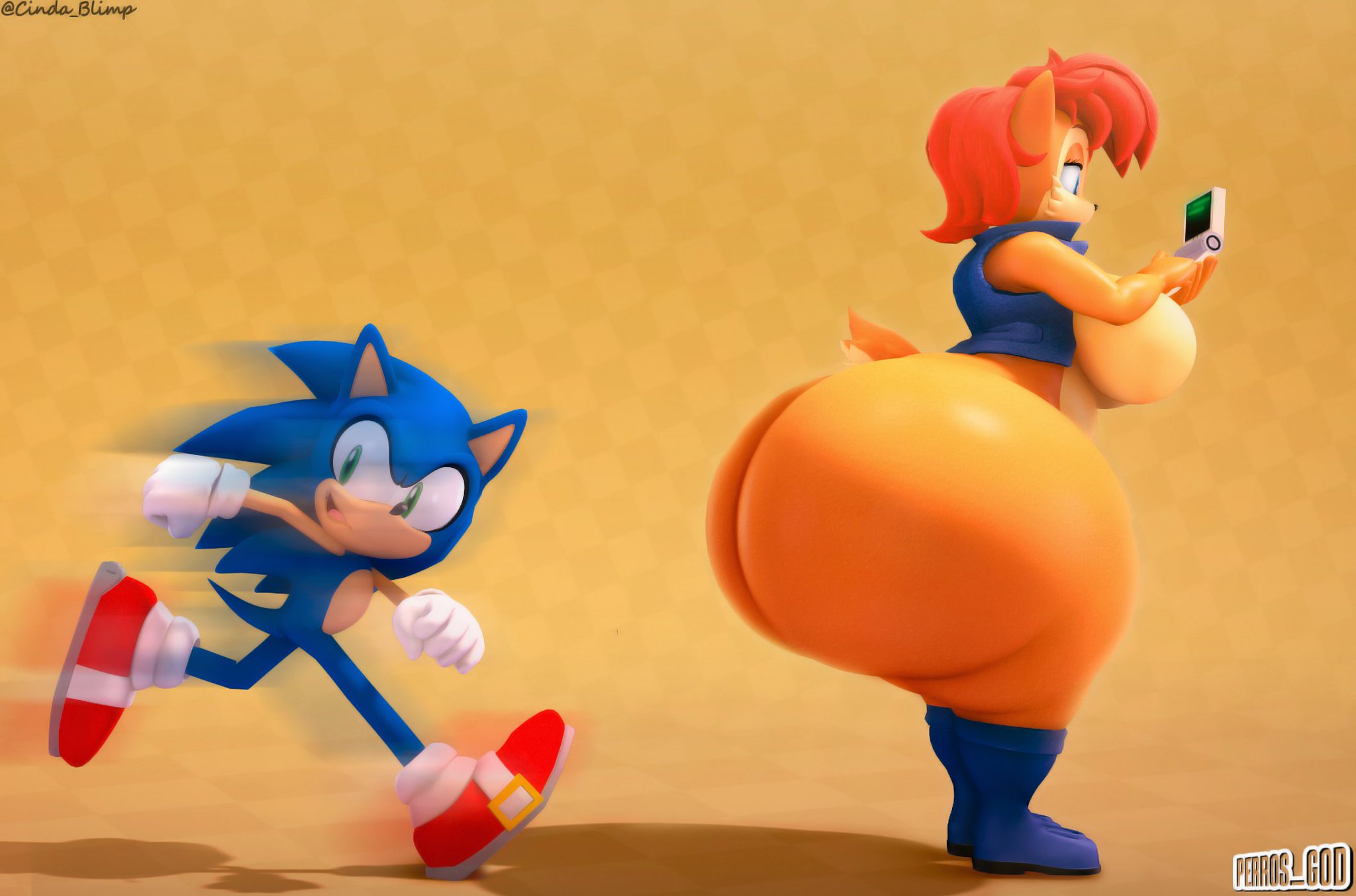 1boy, 1boy1girl, 1girls, 1girls1boy, 2025, 2025s, ass, big ass, big breasts, blue body, bottom heavy, bottom heavy female, breasts, chipmunk, cindablimp, english, english text, female, hedgehog, hedgehog humanoid, huge ass, hyper, hyper ass, hyper butt, hyper thighs, imminent buttcrush, large ass, male, massive ass, massive butt, massive thighs, mobian, mobian (species), motion blur, part 1, part of a set, pear shaped female, pear-shaped figure, perros god, running, sally acorn, sega, simple background, sonic (series), sonic the hedgehog, sonic the hedgehog (series), teapot (body type), text, thick thighs, twitter link, unaware, wide hips