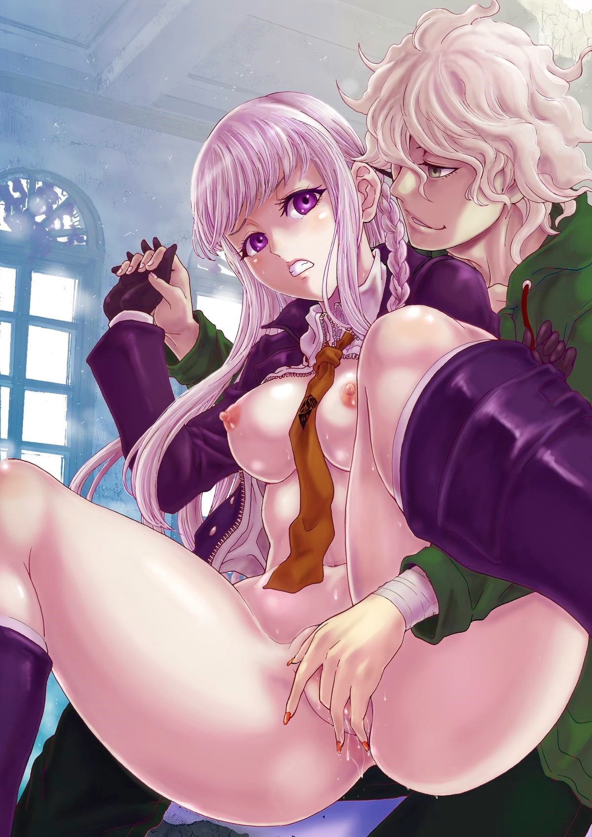 1boy, 1girls, ass, bottomless, breasts, cheating, clothes, danganronpa, danganronpa 1, danganronpa 2, danganronpa 2: goodbye despair, danganronpa: trigger happy havoc, doujin, female, fingering, forced, fully clothed, gloves, holding hands, horny, kirigiri kyoko, male, nagito komaeda, netorare, pussy, rape, rape face, resisting, rurukichi, scared, straight hair, struggle, struggling, thick thighs, vaginal penetration, wide hips