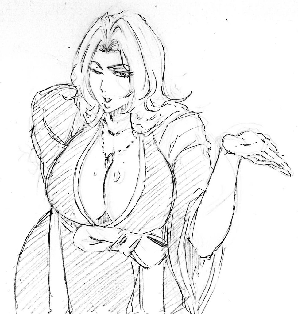 1girls, big breasts, bleach, blowing kiss, breasts, cleavage, female, female only, japanese clothes, large breasts, long hair, looking at viewer, matsumoto rangiku, one eye closed, rakusakugk, shihakusho, solo, wink