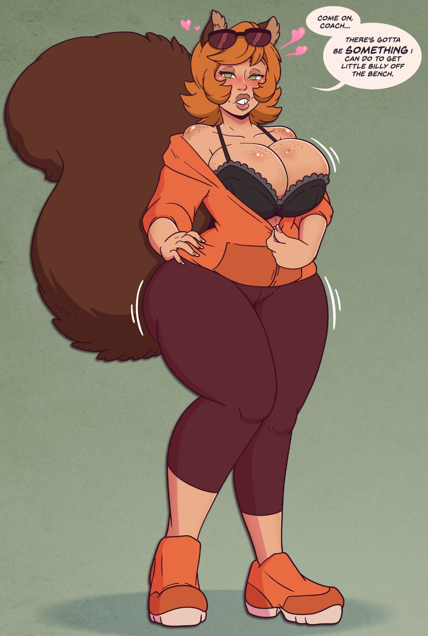 aged up, animal ears, ass, big breasts, bra, breasts, brown hair, cleavage, collarbone, dialogue, fat ass, female, female only, femsub, freckles, green eyes, hand on hip, heart, hearts around head, huge breasts, large lips, long nails, looking at viewer, marvel, marvel comics, milfification, mind control, offering sex, pants, puffy lips, seductive, seductive eyes, seductive look, seductive smile, shoes, short hair, simple background, smile, soccer mom, solo, speech bubble, spiral eyes, squirrel girl, squirrel girl (marvel), sunglasses, sunglasses on head, sweater, symbol in eyes, text, thick thighs, underwear, undressing, wide hips, wrenzephyr2