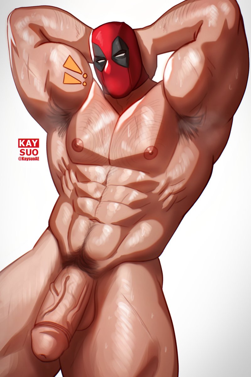1boy, armpit, armpit hair, armpits, bara, big pecs, big penis, body hair, cock, deadpool, dick, flaccid, flaccid penis, gay, huge cock, kaysuo, looking at viewer, male, male only, marvel, marvel comics, mask, masked, masked male, muscular, muscular male, musk, nude, penis, showing off, solo, solo focus, solo male, sweat, sweating, thick cock, thick penis, yaoi