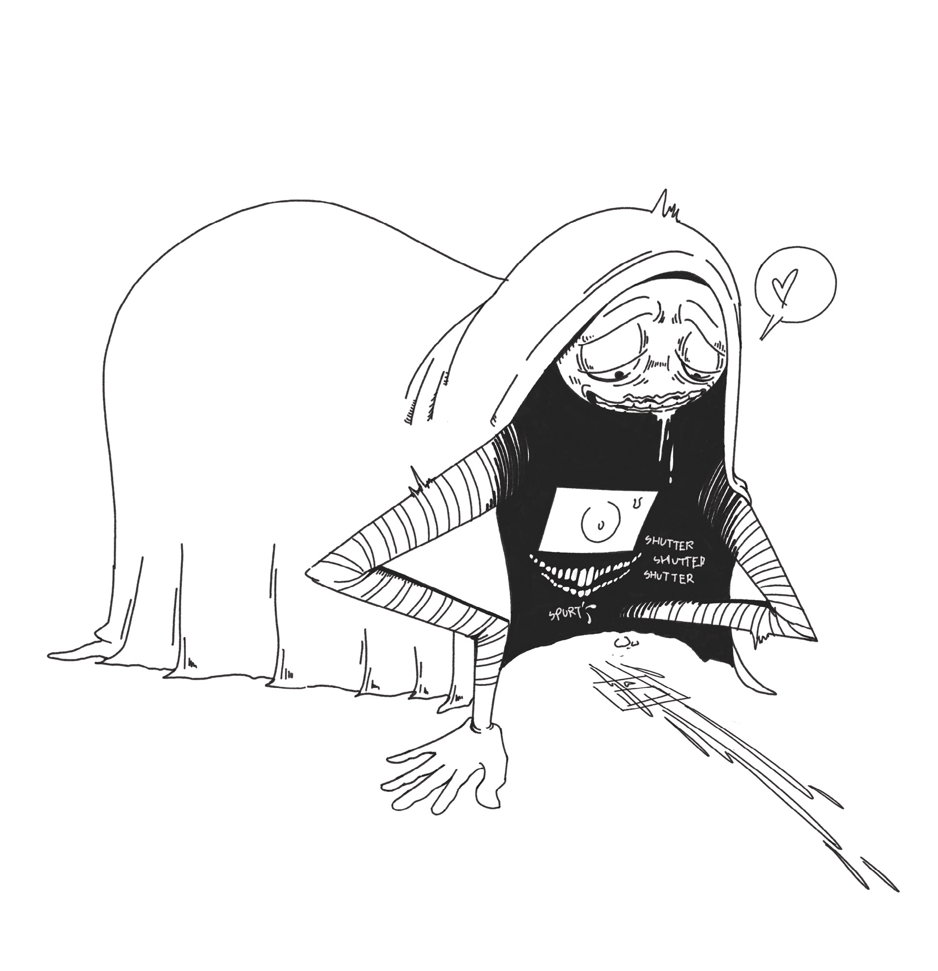 1boy, 2d, 2d (artwork), black and white, cloak, clothed, cum, cumshot, drooling, hidden, hood, look outside, looking down, lyle (look outside), male, male masturbation, masturbating to person, masturbation, monster, monster boy, non-human, non-human only, photo
