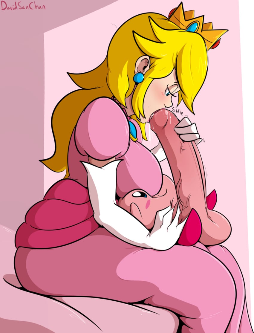 1boy, 1girls, balls, bed, bedroom eyes, blonde female, blonde hair, blonde-haired female, blowjob, blue earrings, blue eyes, blue-eyed female, blushing, clothed sex, crossover, crown, davidsanchan, female, huge balls, huge cock, human on non-human, jewelry, kirby, kirby (series), laying on lap, leaning, leaning forward, light skin, light-skinned female, male, mario (series), monster cock, nintendo, oral, oral sex, penis, pink body, pink dress, pink skin, princess, princess peach, repost, royalty, sitting on bed, small but hung, small male, smile, squished face, sucking tip, super mario bros., veiny penis