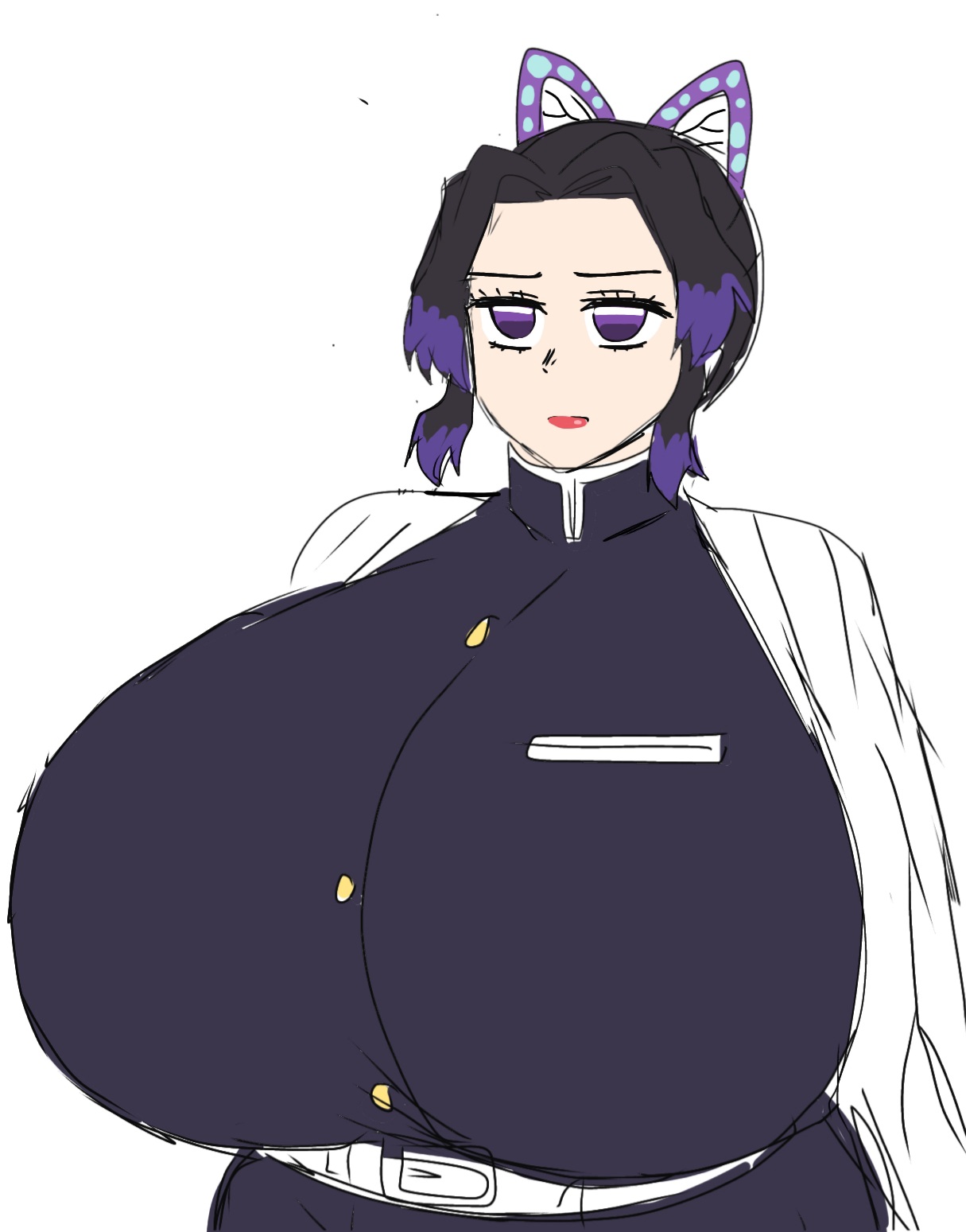 1girls, 2d, 2d (artwork), alternate body type, alternate breast size, big breasts, breasts, breasts bigger than head, busty, busty female, curvy, curvy body, curvy female, curvy figure, demon slayer, digital drawing (artwork), digital media (artwork), female, female focus, female only, huge breasts, japanese, japanese clothes, japanese female, jpg, kimetsu no yaiba, kochou shinobu, large breasts, mature, mature woman, momiji (artist), purple eyes, purple hair, purple-eyed female, purple-haired female, simple background, solo, solo focus, tagme, twitter link, unamused, upper body, white background