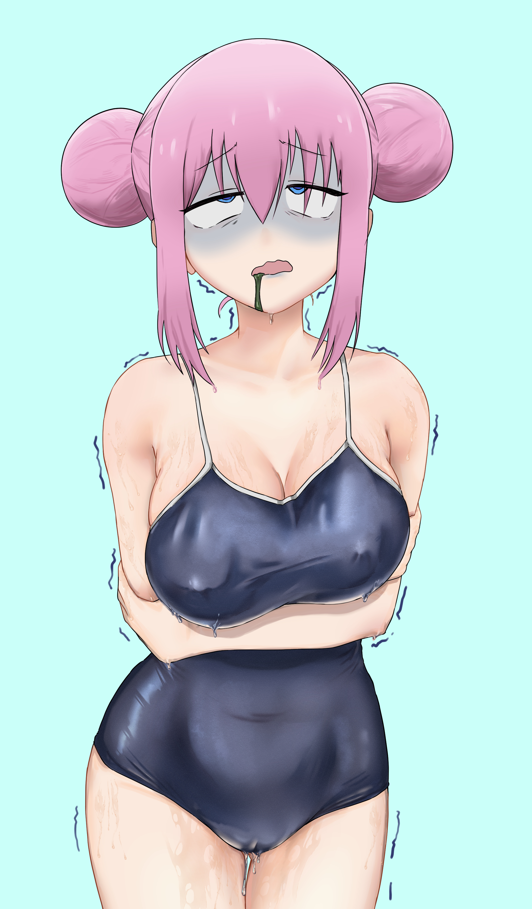 1girls, big breasts, blue eyes, blue face, bocchi the rock!, breasts, cloverworks, female, female only, gotou hitori, light blue background, light skin, light-skinned female, marilyn12 25, nipple bulge, one piece swimsuit, pink hair, pussy, solo, swimsuit, wet pussy