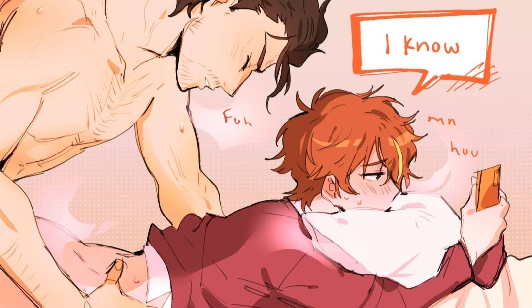 age difference, anal, anal penetration, anal sex, blushing, brown hair, domesticwolfaru, english text, gay, ginger hair, half-dressed, male, male only, male penetrated, male penetrating, male/male, moaning, orange hair, project sekai, shinonome akito, shiraishi ken, texting, texting during sex, yellow hair streak