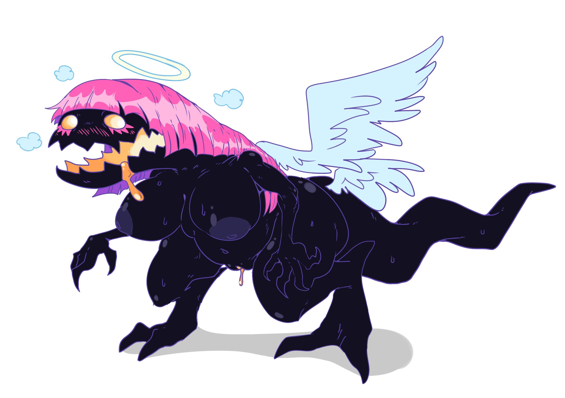 ass, blush, breasts, chubby female, demon, drooling, fat ass, female, female only, halo, kaiju, kaiju stocking, large breasts, mhdrawin, monster girl, naked, naked female, panty & stocking with garterbelt, stocking anarchy, tail, thick thighs, wings