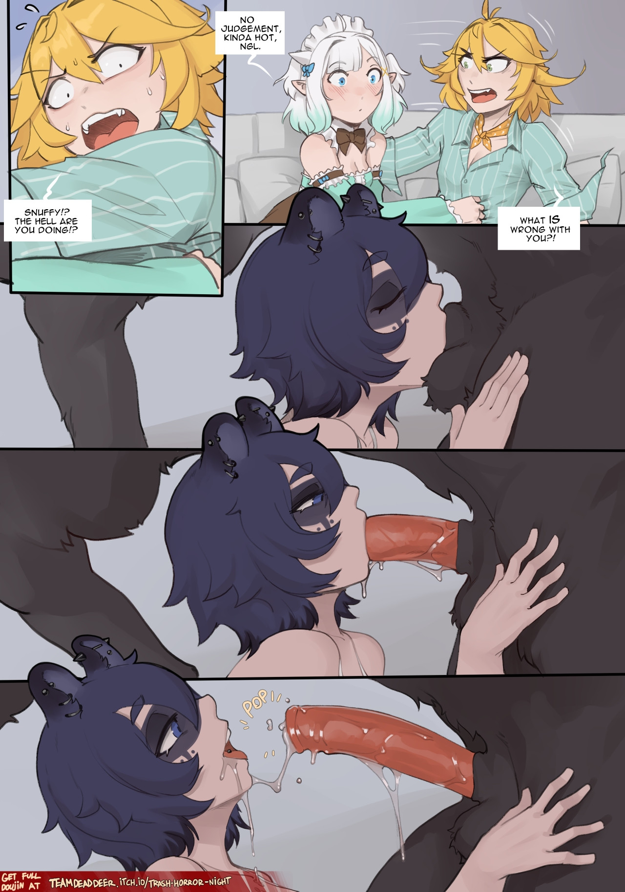 1monster, 3am, 3girls, all fours, animal genitalia, anthro, arbuzbudesh, ass, balls on face, blonde hair, blue eyes, blue hair, breasts, button down shirt, cleavage, comic, deepthroat, deer penis, densetsu.exe, dokibird, ear piercing, elf ears, english text, eyebrow piercing, eyelashes, feathers, fellatio, furry, ghost, ghost girl, green eyes, green hair, gym shorts, horror movie, indie virtual youtuber, large ass, licking penis, lip piercing, lip ring, looking at penis, maid, maid dress, maid headdress, maid mint, medium breasts, messy hair, midriff, mint fantome, monster, open mouth, oral, piercing, precum, raccoon ears, raccoon girl, raccoon tail, sheath, short hair, shorts, smile, snuffy, sports bra, tail, thick thighs, tongue piercing, virtual youtuber, wendigo, white hair