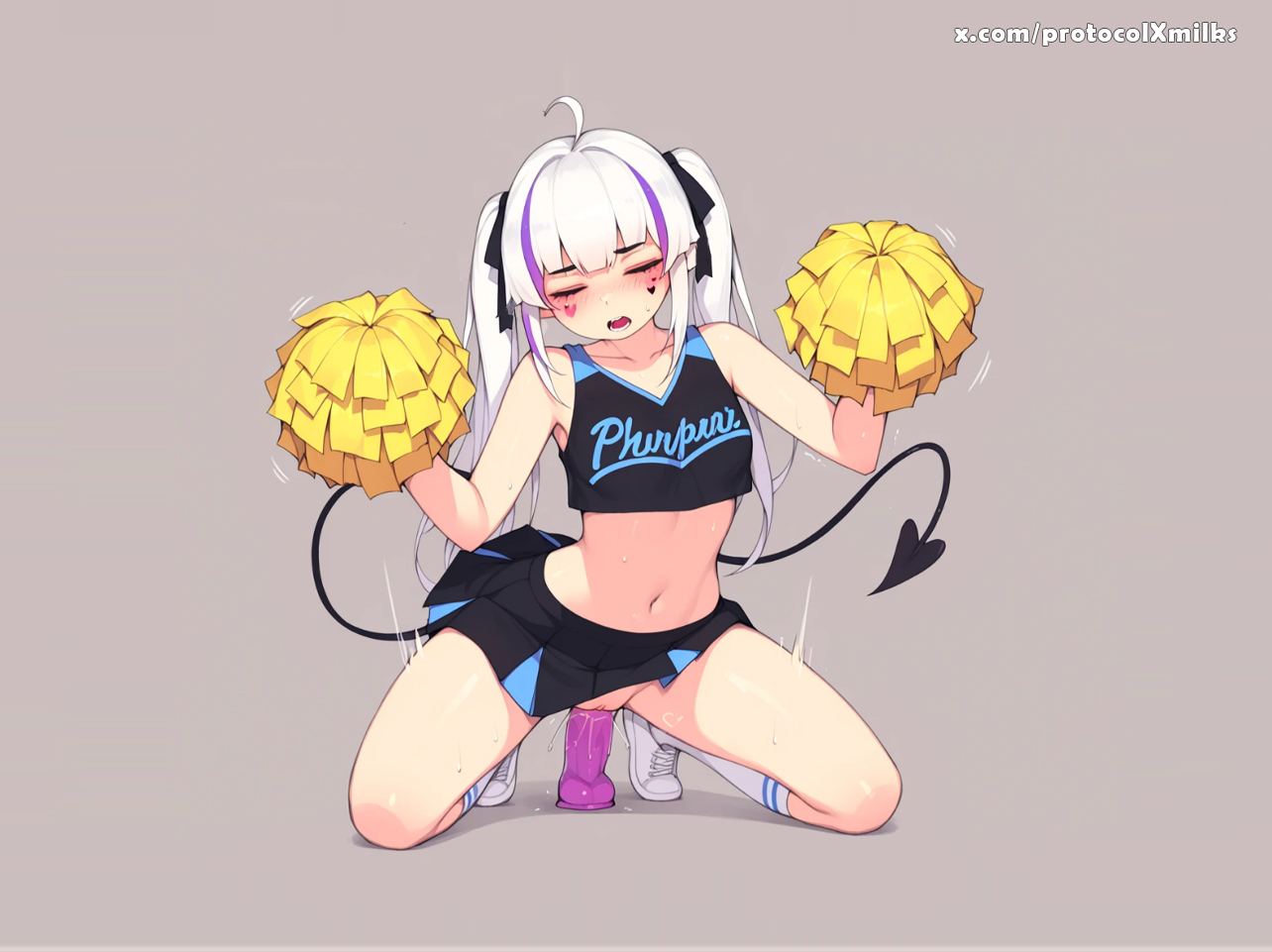 1girl, ahoge, ai, ai assisted, ai generated, bangs, belly button, blunt bangs, blush, bow, breasts, cheerleader, cheerleader uniform, clean shaven, collarbone, cute, devil tail, dildo, dildo in pussy, dildo riding, dildo sitting, english text, eyes closed, female, female masturbation, female only, hair ornament, hearts on cheeks, kneehighs, large insertion, long hair, masturbation, navel, object insertion, open mouth, pigtails, pom poms, protocolxmilks, pussy, pussy juice, schoolgirl, sex toy, shaved pussy, shoes, simple background, socks, solo, solo female, spot color, spread legs, squatting, squatting on dildo, sweat, tail, trembling, uncensored, uniform, vagina, vaginal object insertion, virtual youtuber, vtuber, white hair