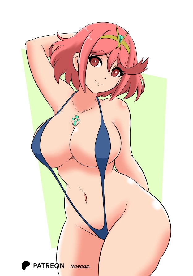 big breasts, blue bikini, breasts, female, micro bikini, momocka art, nintendo, pyra, pyra (xenoblade), red eyes, red hair, slim waist, wide hips, xenoblade (series)
