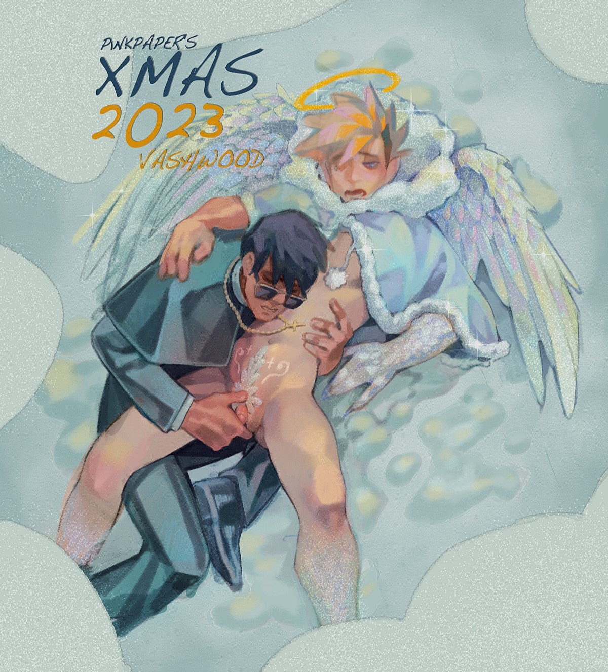 1boy, 1cuntboy, 2023, angel, angel wings, big clitoris, black hair, blonde hair, christmas, clitoris, cuntboy, cuntboy/male, digital media (artwork), fingering, halo, intersex, male, nicholas d wolfwood, p1nkpaper, priest, pussy, sunglasses, trigun, trigun stampede, vagina, vaginal penetration, vash the stampede, wings