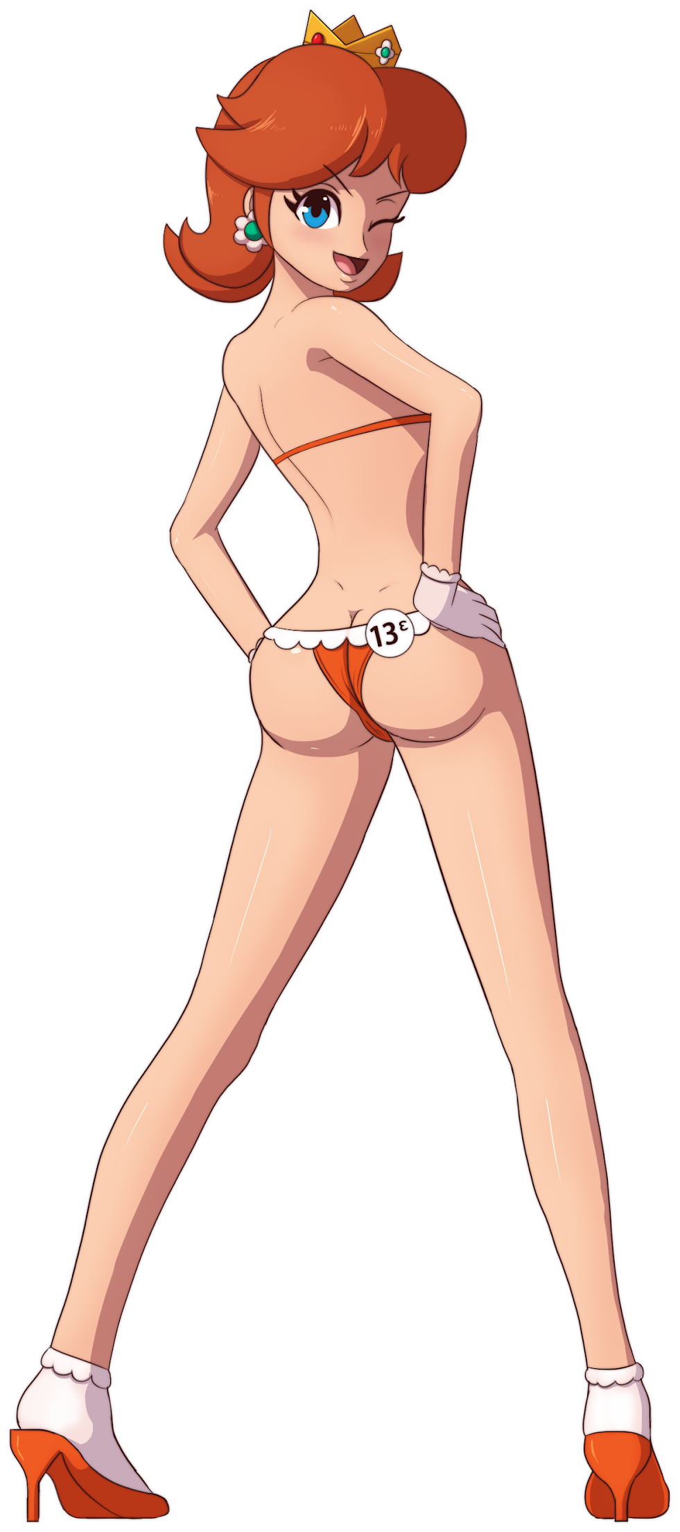 1girls, ass, ass cleavage, ass crack, bare legs, bare shoulders, blue eyes, bubble ass, bubble butt, butt crack, crown, dimples of venus, earrings, female, full body, gloves, hands on hips, high heels, jewelry, looking at viewer, looking back, mario (series), medium hair, nintendo, one eye closed, open mouth, open smile, orange hair, pose, princess daisy, rear view, royalty, smile, solo, standing, super smash bros., tanned, thin waist, transparent background, white gloves, white skin, wink, zelc-face