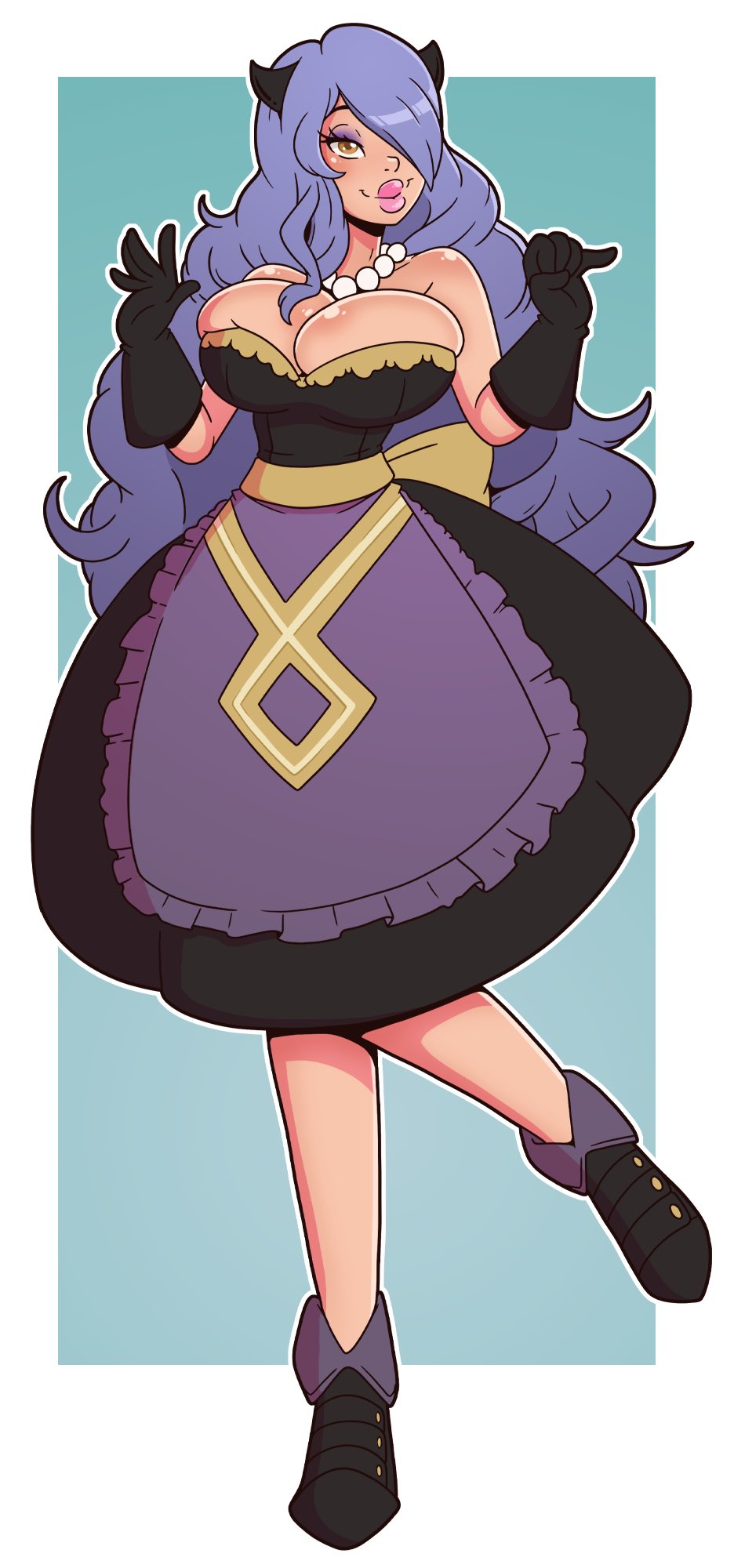 big breasts, bimbo, bimbo body, bimbo lips, breasts, camilla (fire emblem), domestication, dress, female, femsub, fire emblem, fire emblem fates, gloves, hair ornament, huge breasts, large breasts, large lips, long hair, makeup, necklace, nintendo, purple hair, skirt, wrenzephyr2, yellow eyes