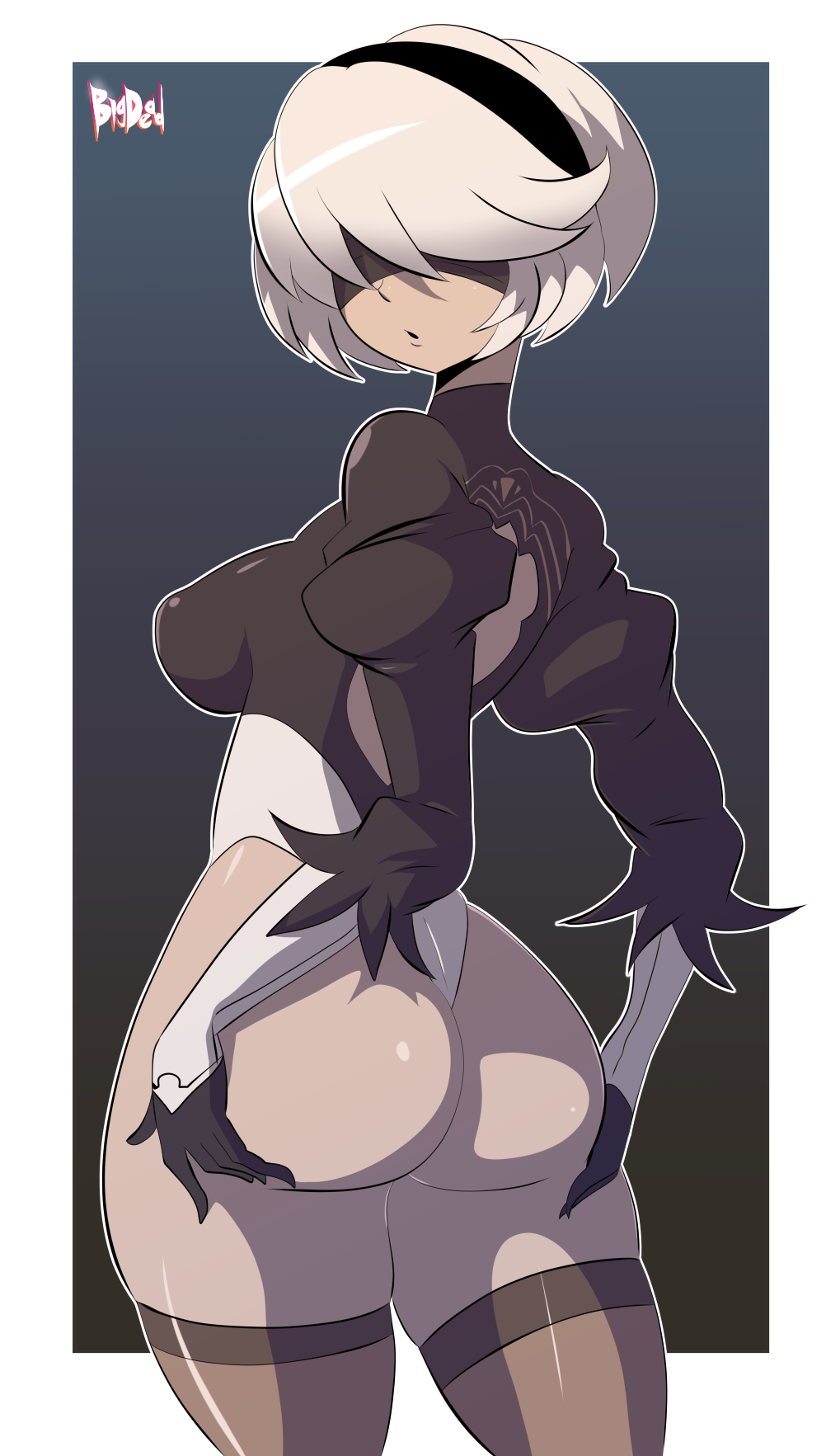 1girls, android, ass, bigdeadalive, blindfolded, breasts, cleavage, female, female only, hairband, hips, leotard, looking back, nier, nier: automata, open mouth, short hair, solo, thick thighs, thighhighs, thighs, white hair, yorha 2b
