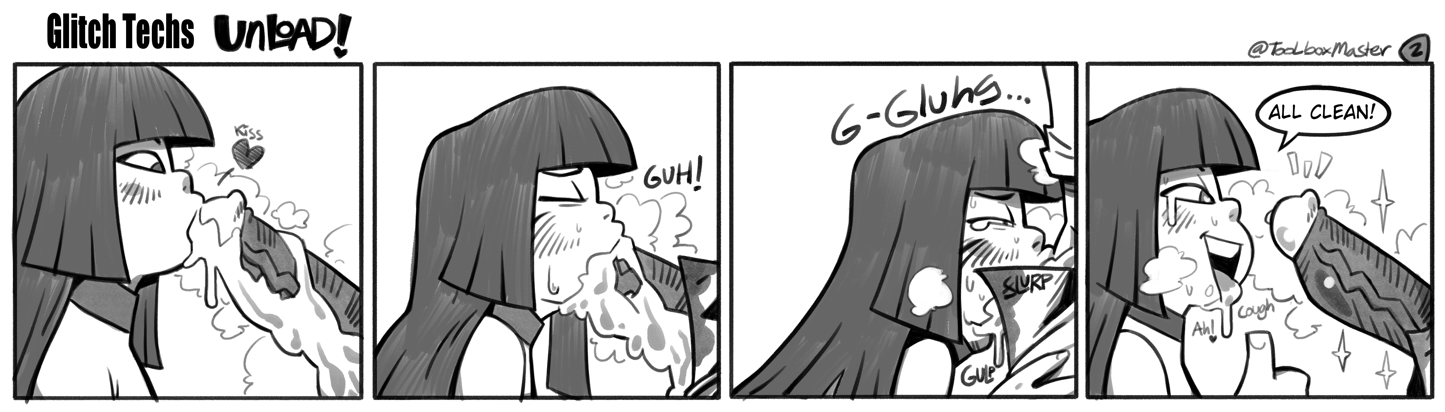1boy, 1boy1girl, 1girls, 2024, asian, asian female, big penis, black and white, blowjob, blush lines, boxx wrench, comic, comic panel, cum, cum in mouth, english text, female, glitch techs, heart, hector nieves, long hair, male, miko kubota, monochrome, penis, speech bubble, text