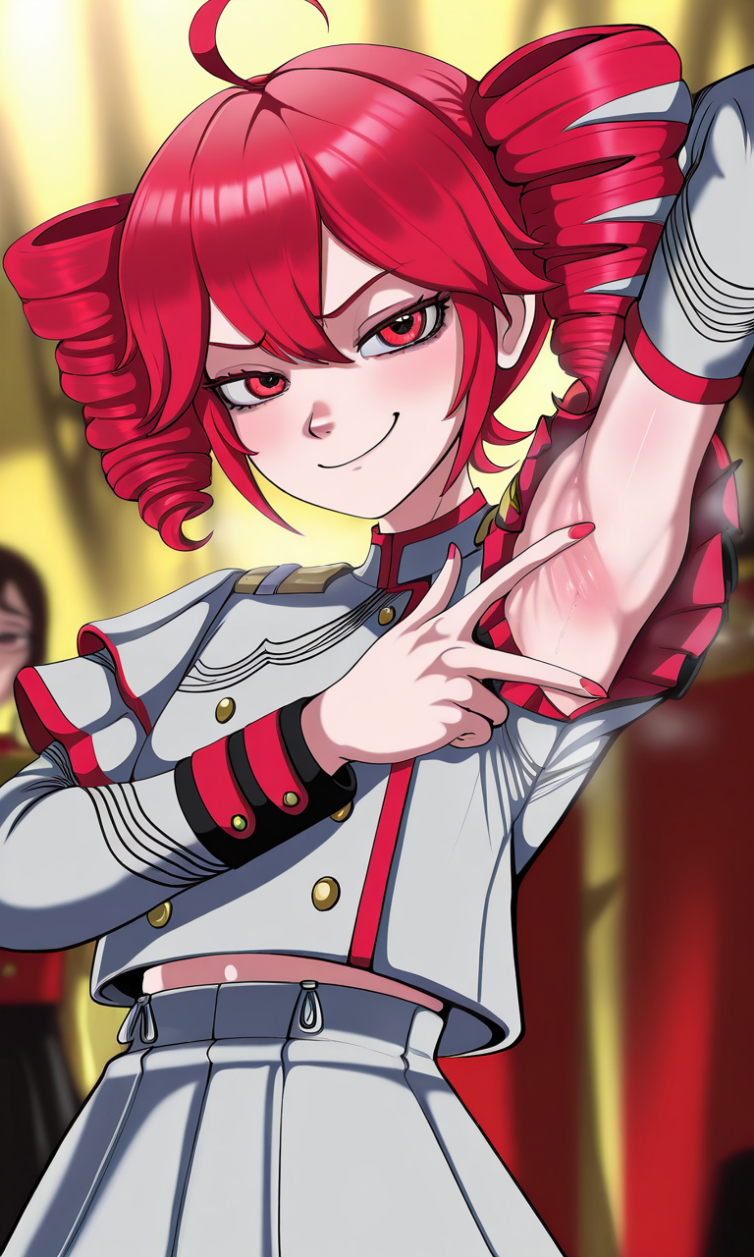 2025, ahoge, ai, ai generated, armpit, armpit fetish, armpits, arms behind back, arms behind head, arms up, background, female, kasane teto, kasane teto (sv), red eyes, red hair, smug, smug expression, smug face, smug smile, spread arms, steam, steamy armpits, synthesizer v, tagme, twin drills, vampiregurl