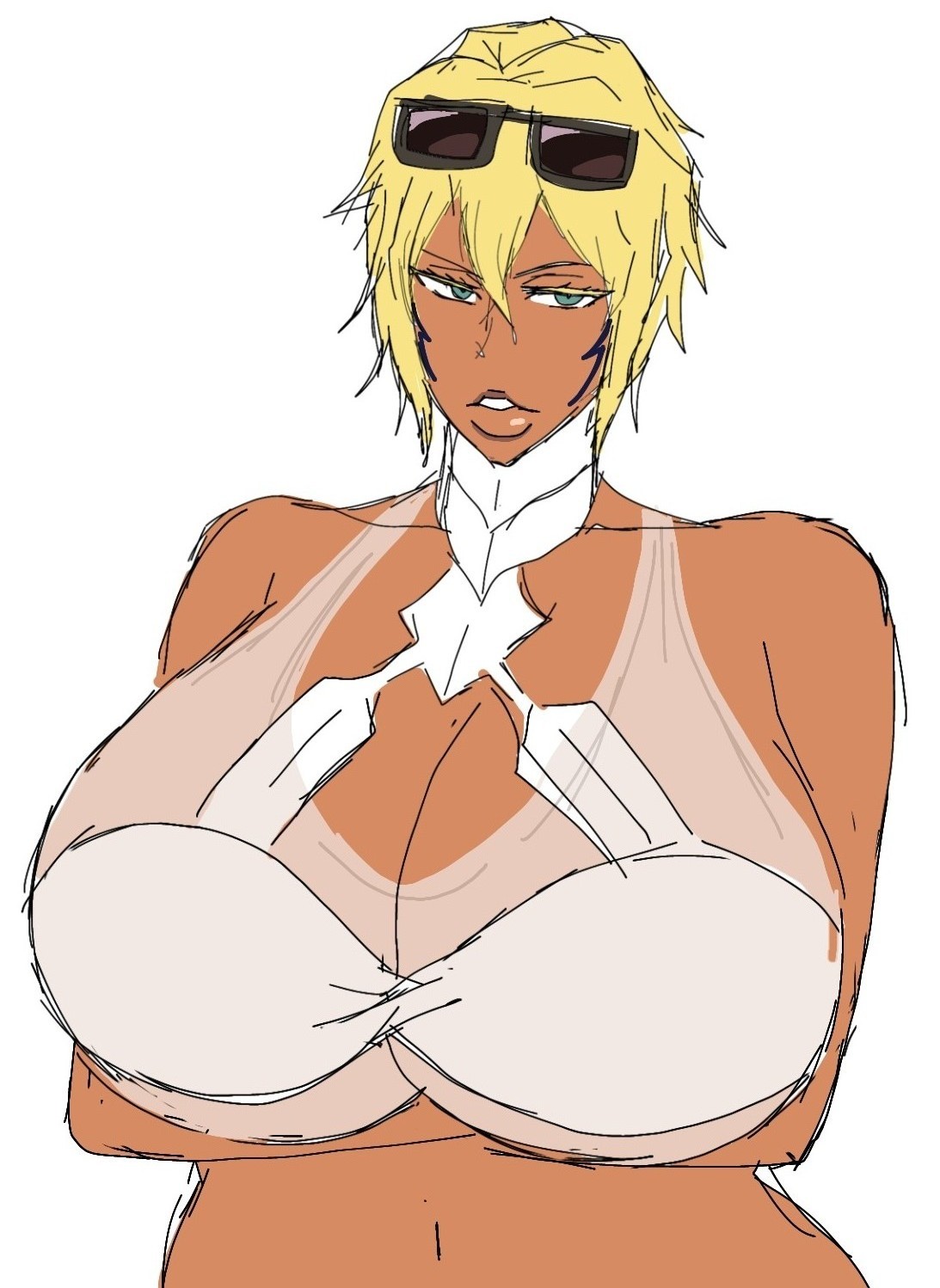 1girls, 2d, 2d (artwork), alternate body type, alternate breast size, arms under breasts, big breasts, bikini, bikini top, bleach, blonde hair, breasts, breasts bigger than head, busty, busty female, curvy, curvy body, curvy female, curvy figure, dark-skinned female, digital drawing (artwork), digital media (artwork), female, female focus, female only, huge breasts, jpg, large breasts, mature, mature woman, momiji (artist), simple background, smile, solo, solo female, solo focus, sunglasses, sunglasses on head, tagme, tia harribel, twitter link, upper body, white background