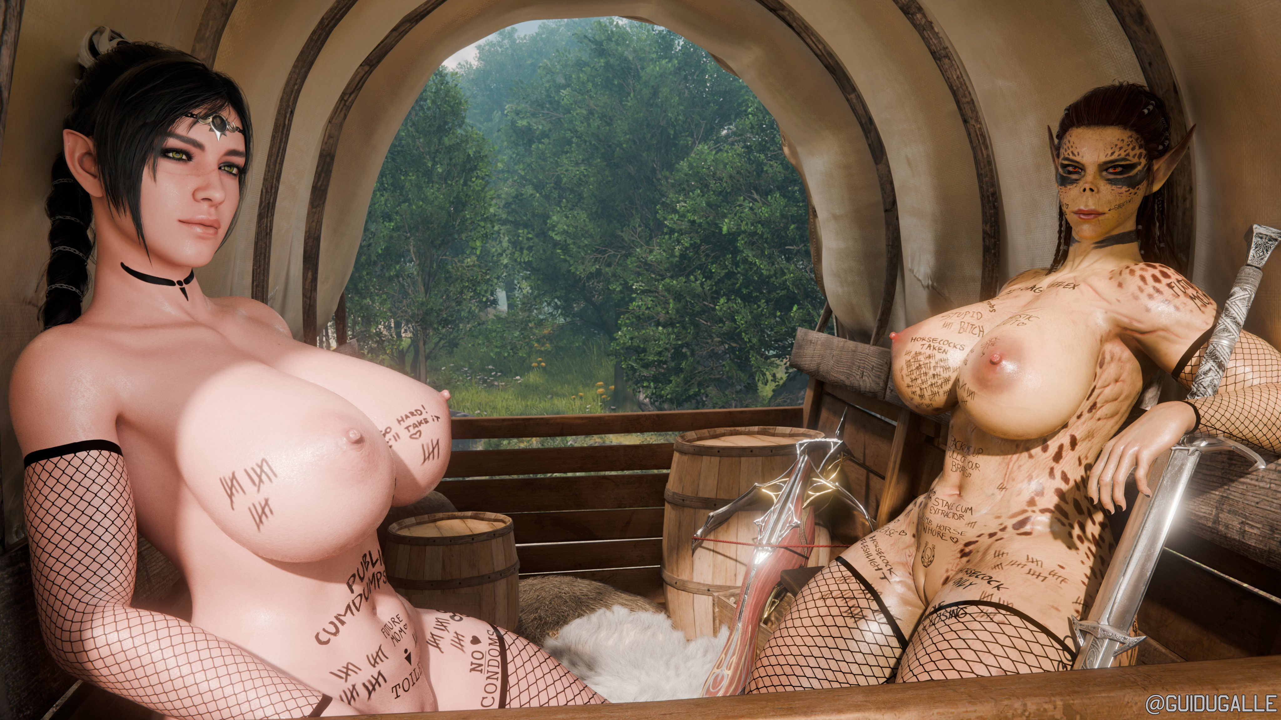 2girls, 3d, alternate breast size, baldur's gate, baldur's gate 3, big breasts, black hair, body writing, breasts, brown hair, completely nude, dungeons and dragons, duo, elf, elf ears, female, female only, fishnet stockings, fishnets, forgotten realms, githyanki, green eyes, green skin, green-skinned female, guidugalle, guimontag, half-elf, huge breasts, lae'zel, light skin, light-skinned female, looking at viewer, nude, nude female, pale skin, pale-skinned female, pointy ears, ponytail, shadowheart, thick thighs, wizards of the coast