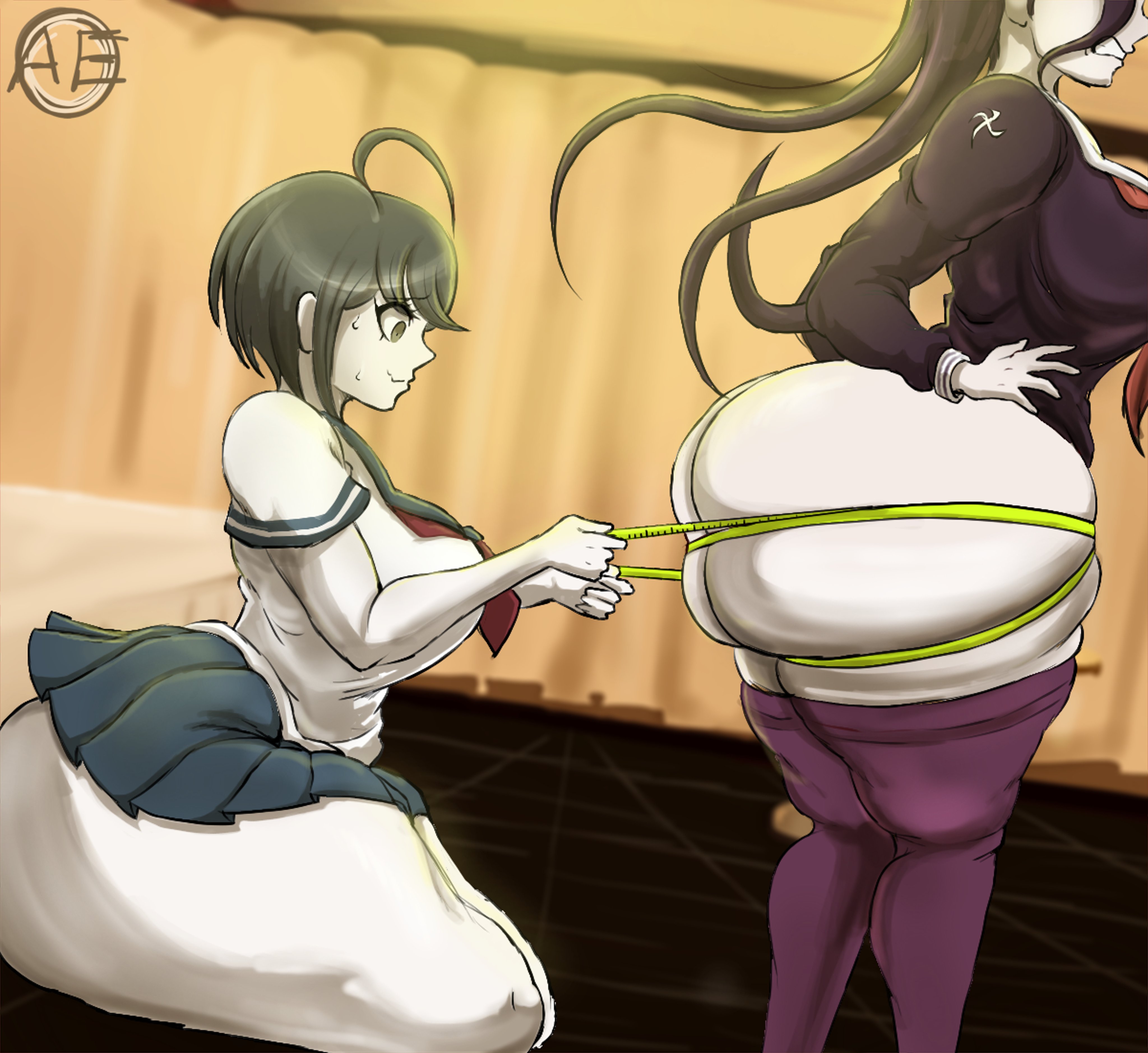 2girls, alt3r eg0, ass, ass bigger than head, breasts, bubble butt, curvy, danganronpa, danganronpa (series), danganronpa ultra despair girls, fat ass, female, female only, fukawa touko, he tryna ignore it (meme), huge ass, hyper, hyper ass, large breasts, massive ass, measuring tape, naegi komaru, plump ass, school uniform, side ass, skindentation, thick, thick ass, thick thighs, thighs, wide hips