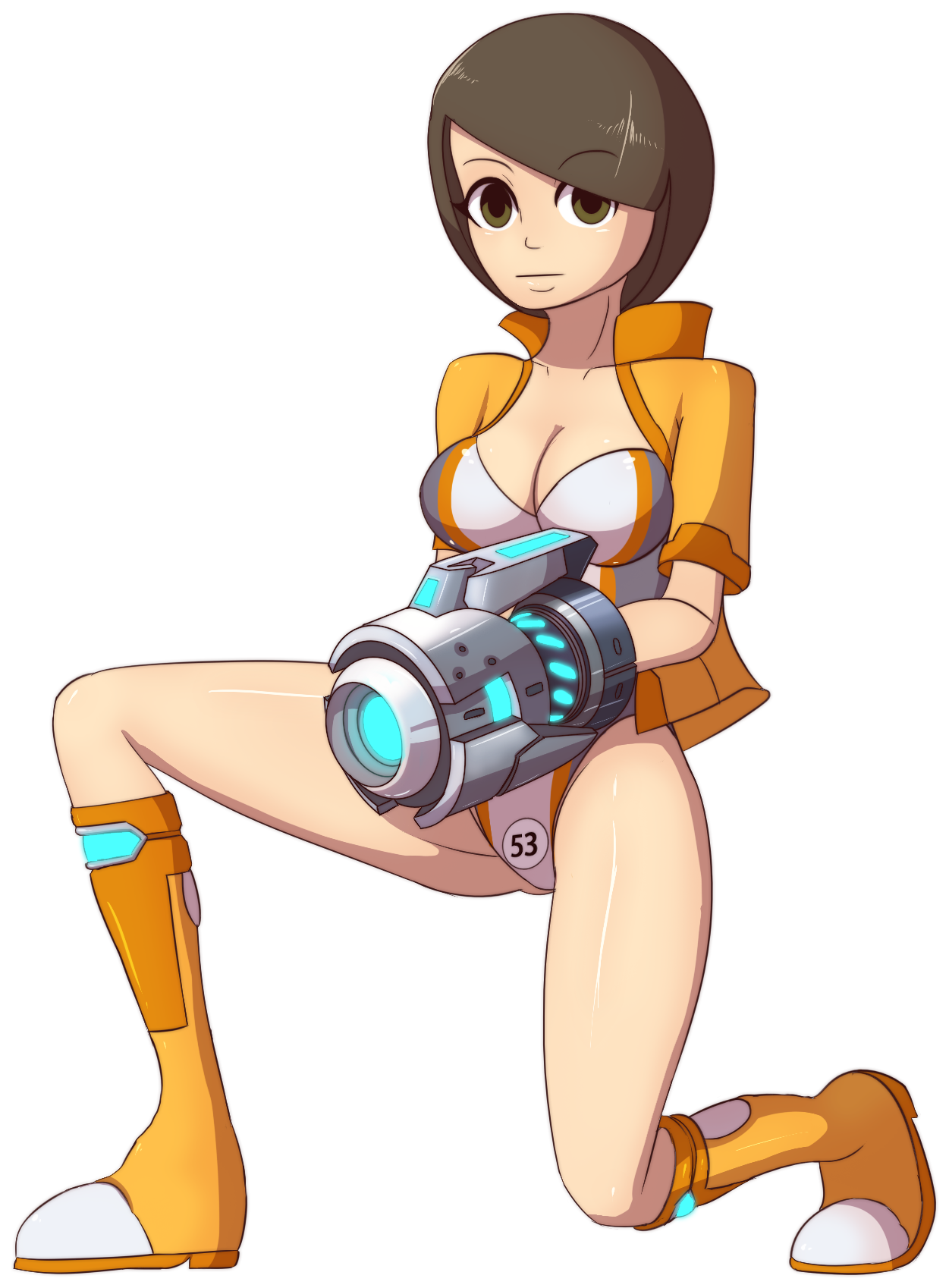 1girls, arm cannon, blank stare, boots, breasts, clothing, eyebrows visible through hair, female, female only, jacket, knee boots, kneeling, leotard, light skin, light-skinned female, looking at viewer, mii, mii gunner, mii gunner (smash ultimate), nintendo, one-piece swimsuit, open shirt, pale skin, pale-skinned female, solo, solo female, super smash bros., super smash bros. ultimate, white background, zelc-face