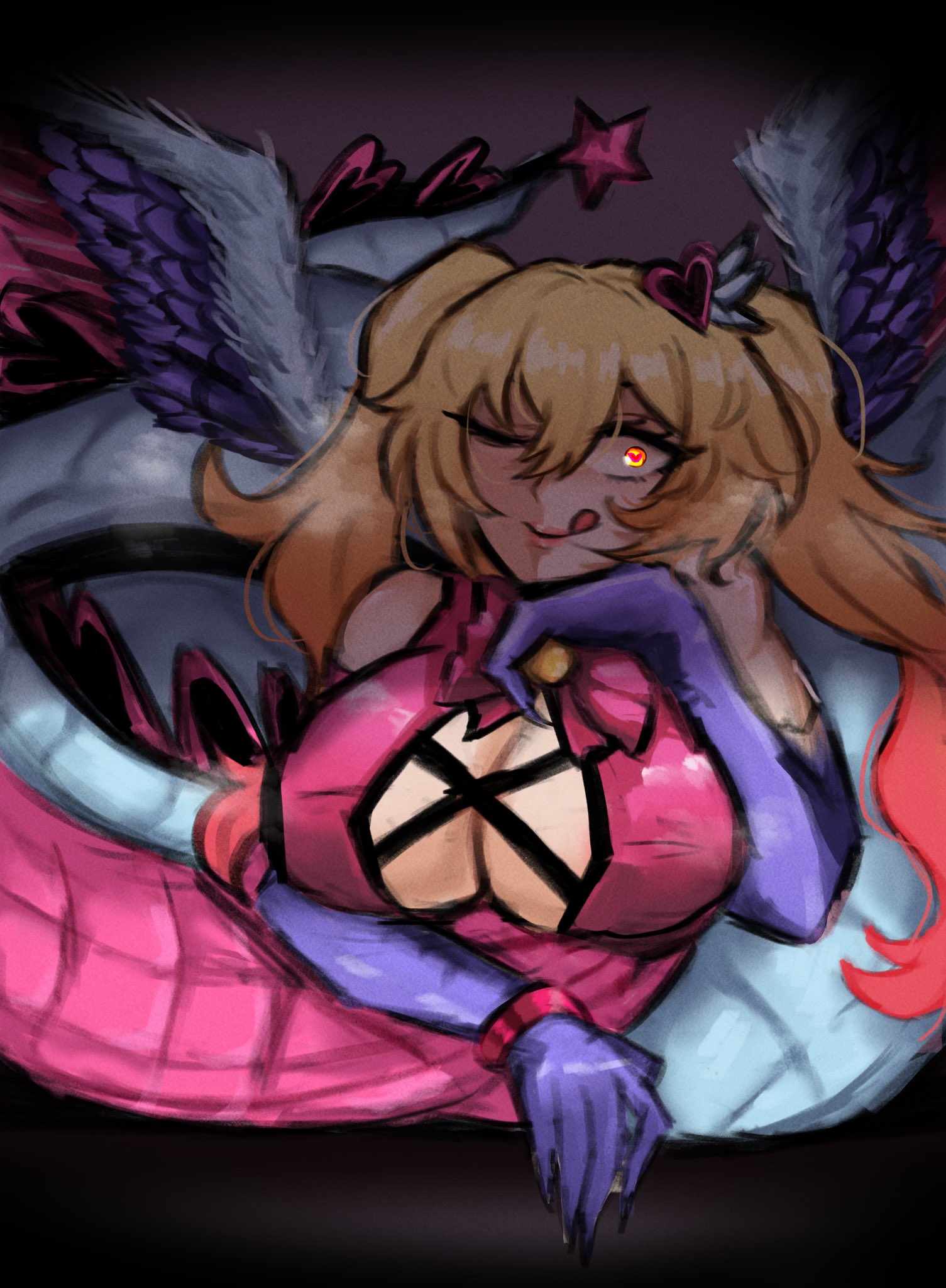 1girls, big breasts, breasts, don quixote (limbus company), female, heart symbol, in the name of love and hate (e.g.o), lamia, limbus company, naga, project moon, snake, snake tail, valentine gaz, walpurgis, walpurgis night, wings, winking, winking at viewer
