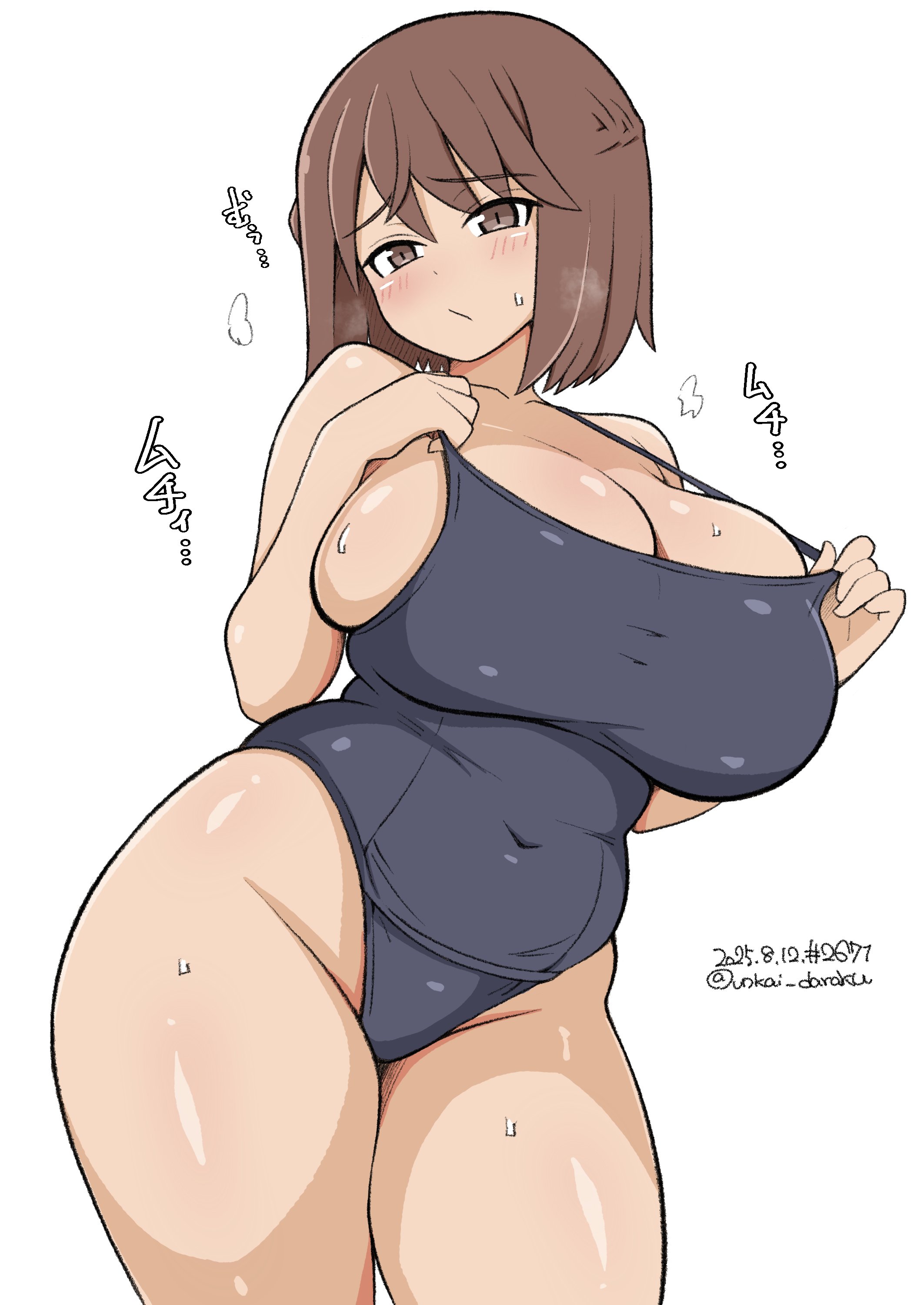 1girls, breasts, enormous breasts, female, huge breasts, large breasts, luminous witches, one-piece swimsuit, plump, shibuya inori, short hair, strike witches, sukumizu, unkai daraku, world witches series