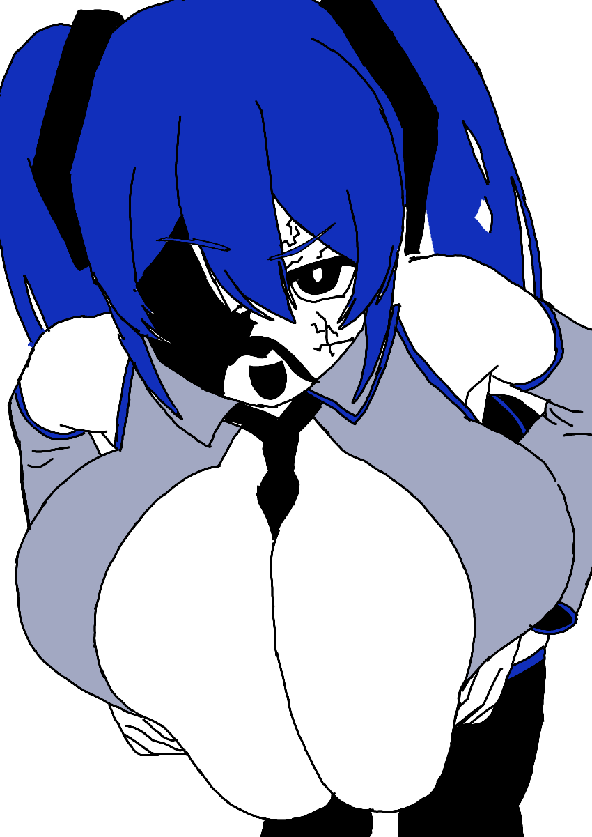 1girl, 1girls, anger vein, armwear, between breasts, blue hair, blue theme, breasts, breasts squeezed together, cleavage, detached sleeves, diva (project diva: deep blue), female, female only, flat colors, grabbing own breast, hair between eyes, hatsune miku, huge breasts, hyper breasts, leaning forward, legwear, long hair, looking at viewer, looking up, me, monochrome, necktie, necktie between breasts, no background, open mouth, project diva, project diva (series), project diva: deep blue, shirt, simple background, solo, tag, thighhighs, traced, twintails, vocaloid, white background