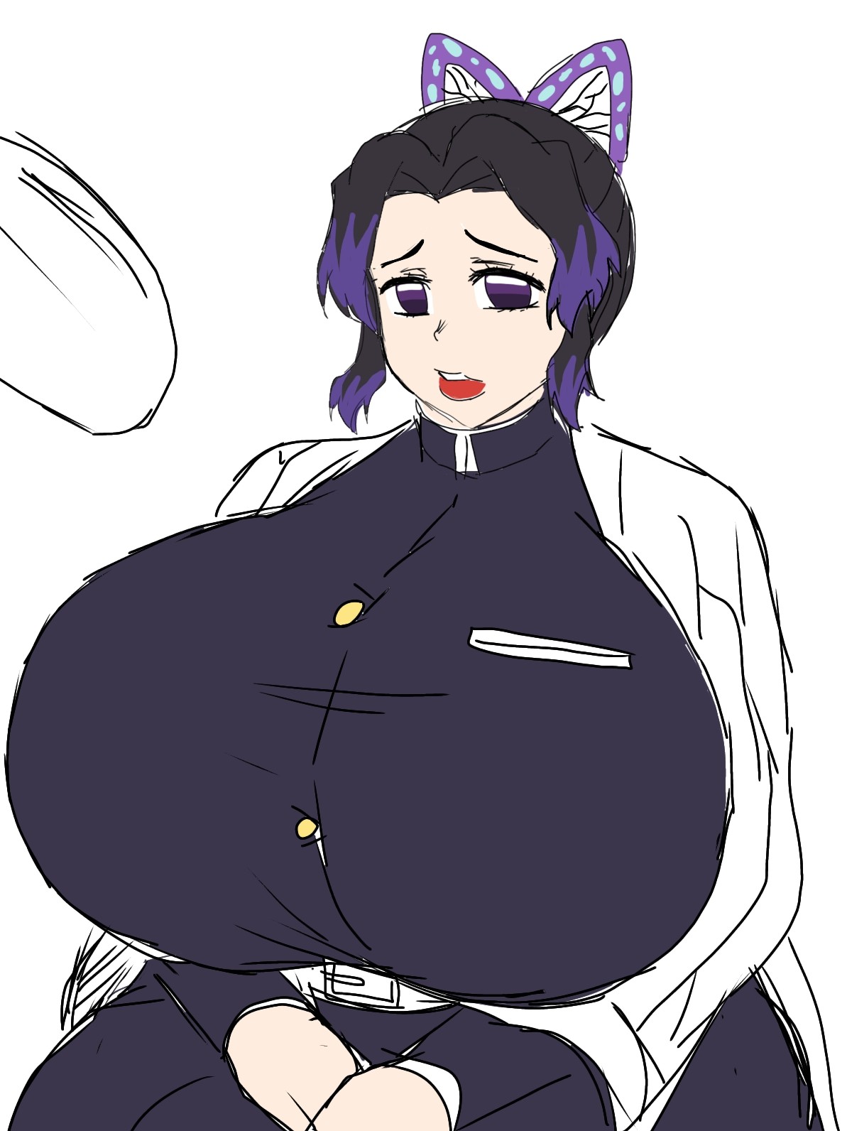 1girls, 2d, 2d (artwork), alternate body type, alternate breast size, arms under breasts, big breasts, breasts, breasts bigger than head, busty, busty female, curvy, curvy body, curvy female, curvy figure, demon slayer, digital drawing (artwork), digital media (artwork), female, female focus, female only, huge breasts, japanese, japanese clothes, japanese female, jpg, kimetsu no yaiba, kochou shinobu, large breasts, mature, mature woman, momiji (artist), purple eyes, purple hair, purple-eyed female, purple-haired female, red lips, simple background, solo, solo focus, twitter link, upper body, white background