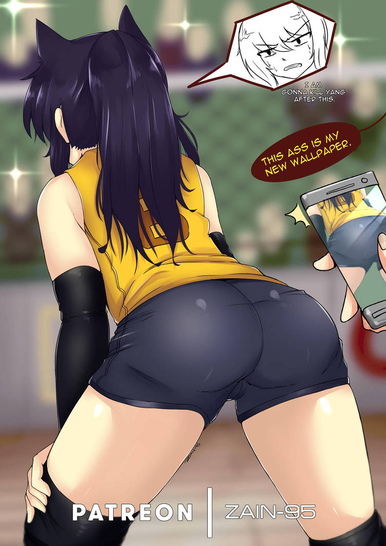 ass, bare shoulders, bike shorts, black hair, blake belladonna, cat ears, cat girl, catgirl, english text, female, female only, from behind, rwby, shiny, shiny clothes, shorts, tank top, text, thighhighs, vest, zain-95 (artist), zainkyugo (artist)