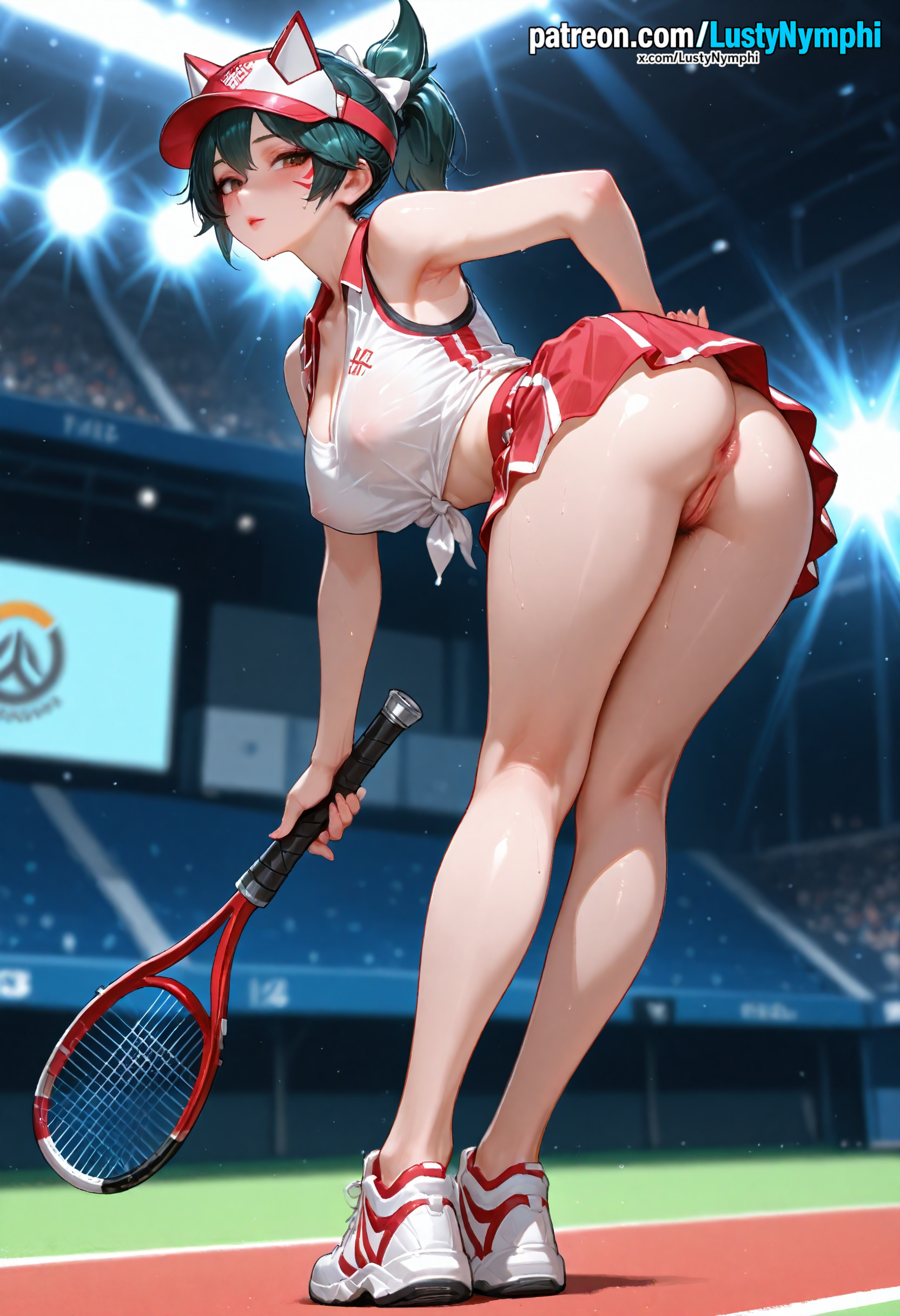 1girls, ai generated, anus, artist name, ass, breasts, crop top, female, kiriko (overwatch), lustynymphi, overwatch, patreon username, pussy, racket, see-through, shoes, solo, sportswear, tennis racket, twitter username, uncensored, watermark