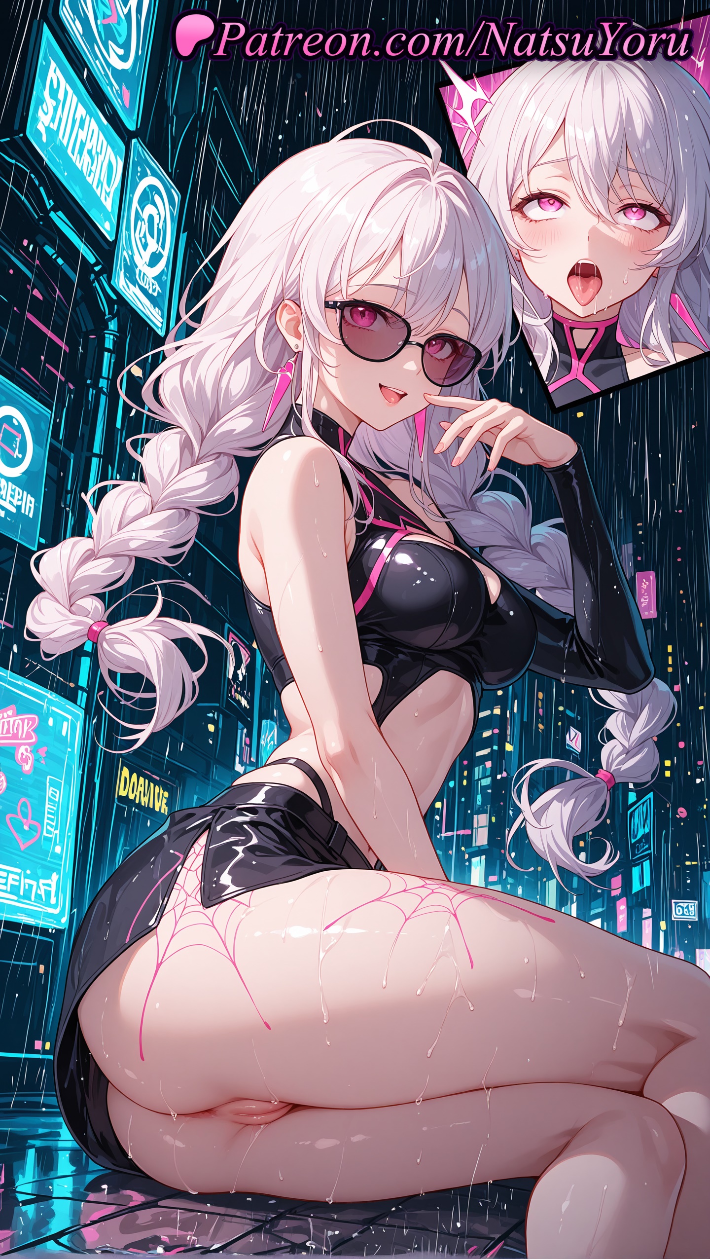 1girls, 2025, ai generated, ass, bangs, bare shoulders, black skirt, braid, breasts, crop top, earrings, epic games, female, fortnite, fortnite: battle royale, hair between eyes, heart-shaped pupils, hi res, highres, jewelry, long hair, looking at viewer, looking over eyewear, medium breasts, microskirt, miniskirt, natsuyoru, open mouth, oshiri, patreon, purple eyes, pussy, pussy juice, rain, sabina (fortnite), skirt, smile, solo, sunglasses, thighs, tinted eyewear, tongue, tongue out, twin braids, uncensored, voluptuous, voluptuous female, wet, white hair