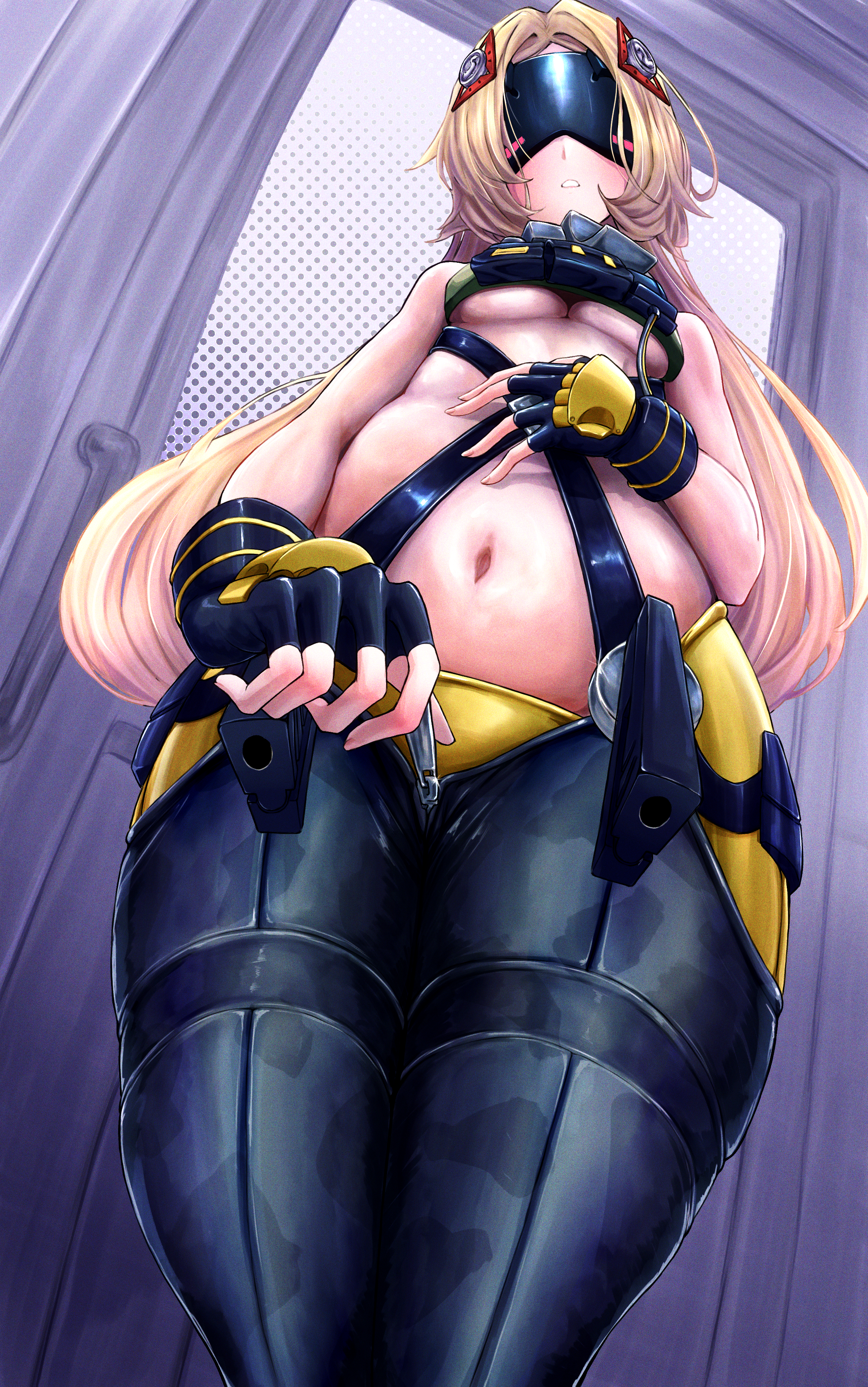 1girls, blonde hair, breasts, clothing, female, female only, front view, indoors, looking at viewer, navel, no bra, soldier, thick thighs, trigger (zenless zone zero), two days, underboob, visor, wide hips, zenless zone zero, zipper