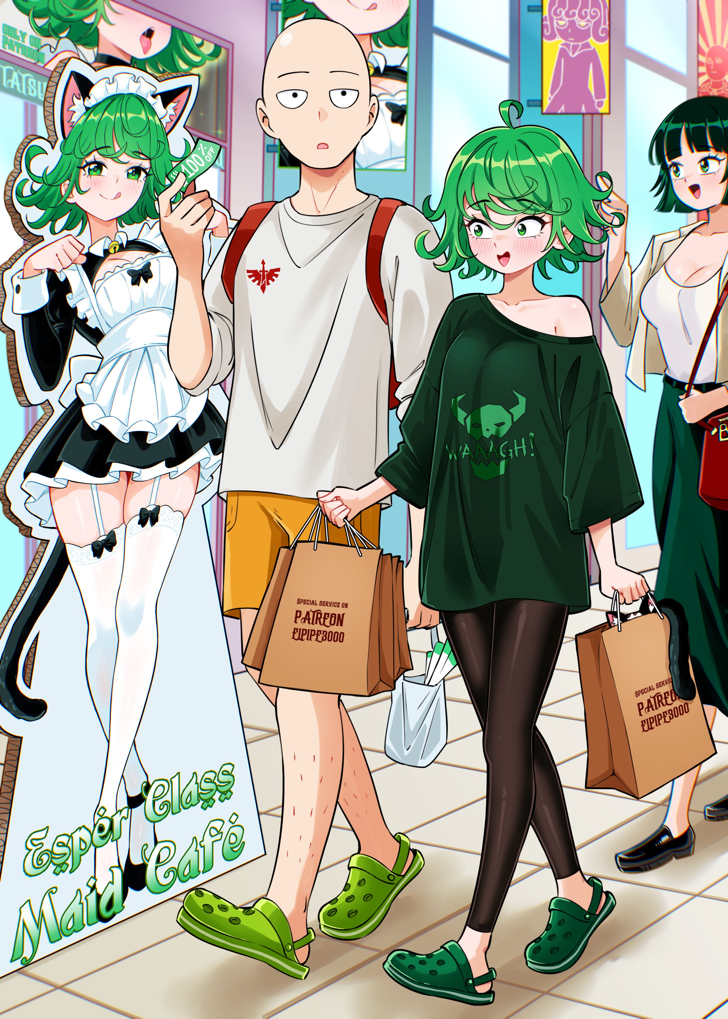 1boy, 1boy2girls, 2d, 2d (artwork), 2girls, 2girls1boy, ahegao, bald male, bell collar, black eyes, blush, cat ears, cat maid, cat tail, catgirl, crocs, cutout, discount, elpipe3000, english text, exposed shoulders, fubuki (one-punch man), green eyes, green hair, high heels, highres, leek, maid, maid uniform, one-punch man, oversized clothes, saitama, shopping, stockings, tatsumaki, thighhighs, thighs
