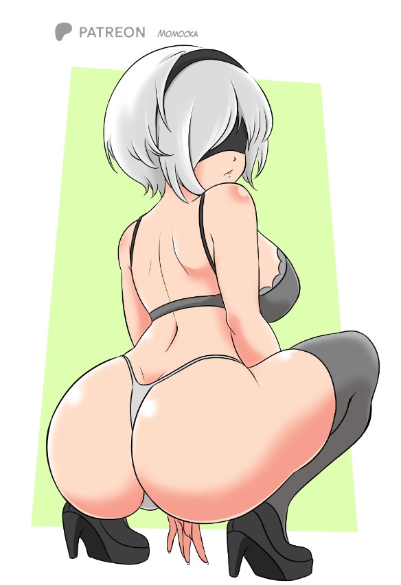 ass, big ass, big breasts, bra, breasts, female, grey hair, high heels, momocka art, nier: automata, panties, square enix, thighhighs, underwear, yorha 2b