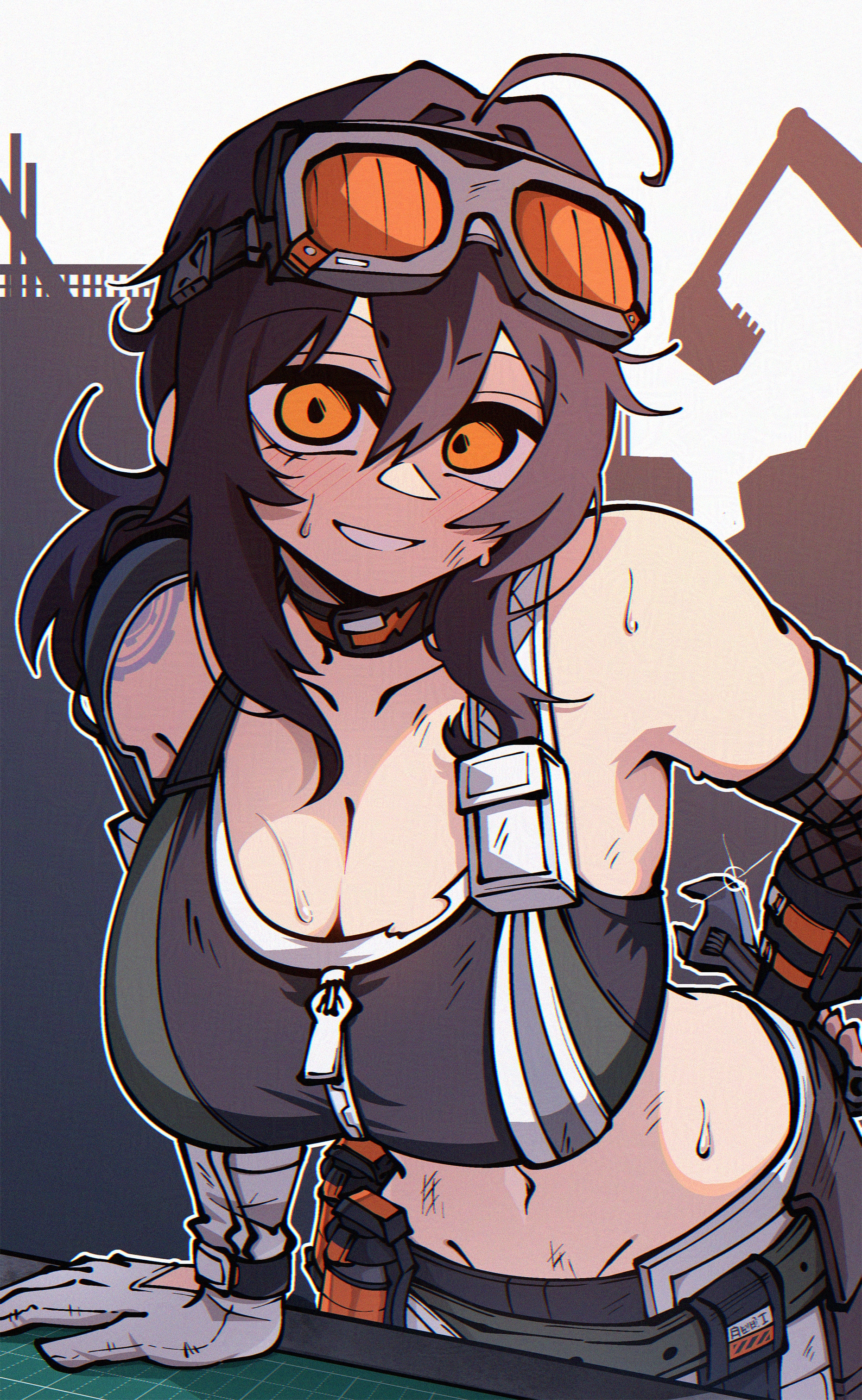 ahoge, arm support, bare shoulders, black hair, black sports bra, blush, breasts, cleavage, collar, detached sleeves, dryegen46, female, fishnet sleeves, goggles on head, grace howard, grenade, hair between eyes, large breasts, leaning forward, looking at viewer, mismatched gloves, navel, orange eyes, shoulder tattoo, simple background, smile, solo, sweat, zenless zone zero, zipper, zipper pull tab