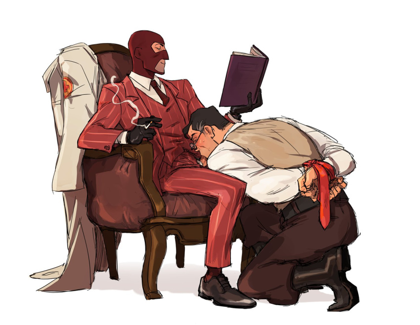 blowjob, deepthroat, fancy, fancy clothing, fancy old man, fellatio, fully clothed, gay, hands behind back, hands tied behind back, horny, kneeling, male, male only, medic (team fortress 2), oral, oral sex, reading book, restrained, si0rane, sitting on chair, smoking, smoking cigarette, spy (team fortress 2), suit, team fortress 2, tied hands, white background, yaoi