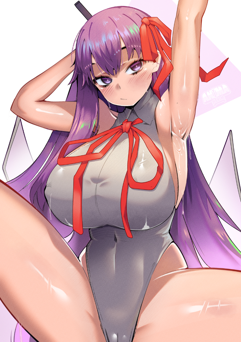 animahakim arm_behind_head arm_up armpits bare_shoulders bb_(fate) bb_(swimsuit_mooncancer)_(fate) bb_(swimsuit_mooncancer)_(third_ascension)_(fate) blush breasts covered_navel fate/grand_order fate_(series) female hair_ribbon highleg highleg_leotard large_breasts leotard long_hair looking_at_viewer neck_ribbon purple_eyes purple_hair red_ribbon ribbon solo spread_legs thighs very_long_hair white_leotard