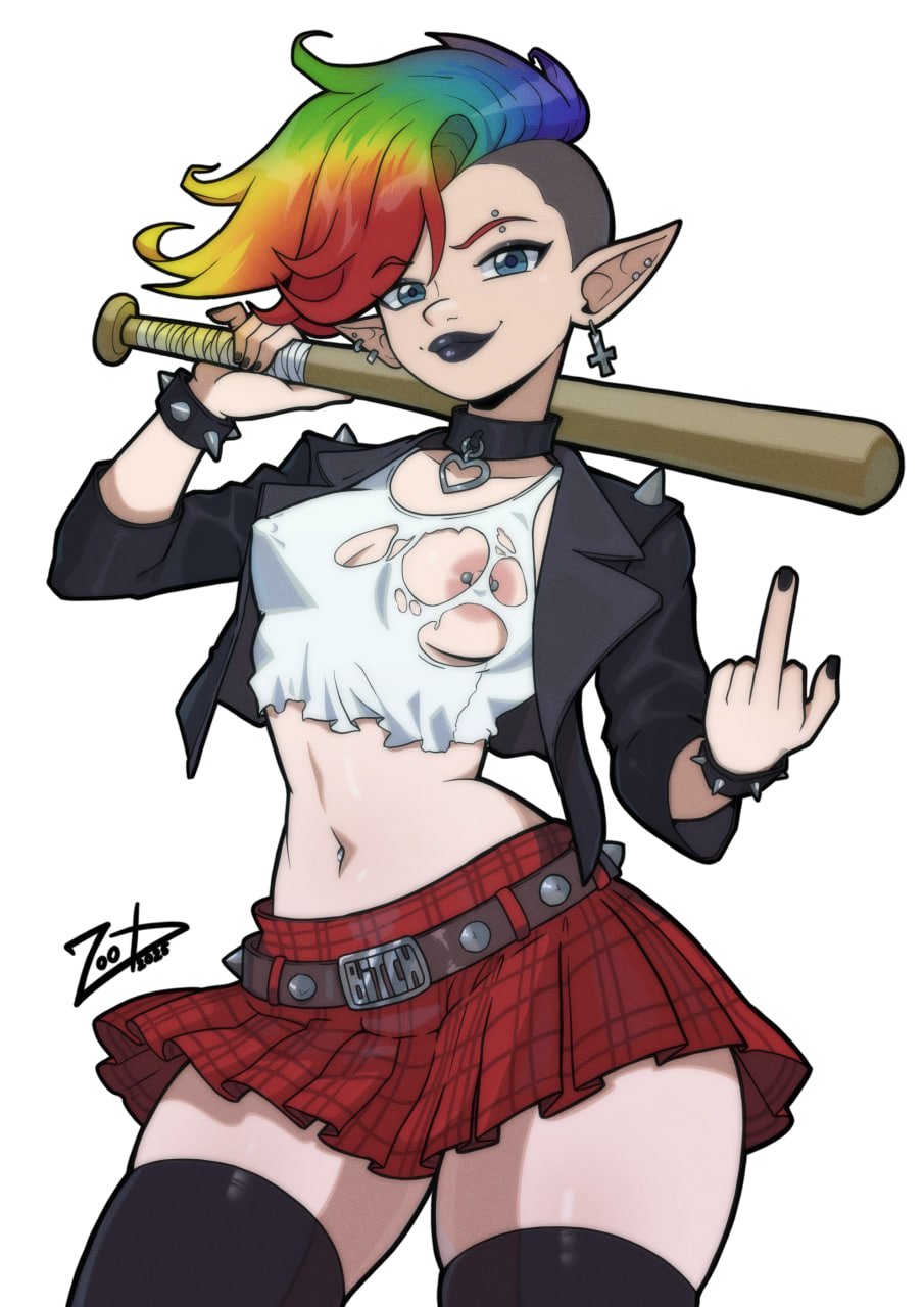 baseball bat, black lipstick, blue eyes, cropped jacket, dyed hair, elf ears, middle finger, nipple piercing, nipples, nipples visible through clothing, original character, pale skin, piercing, plaid skirt, punk, rainbow hair, shaved side, thick thighs, thighhighs, torn shirt, zoobastik