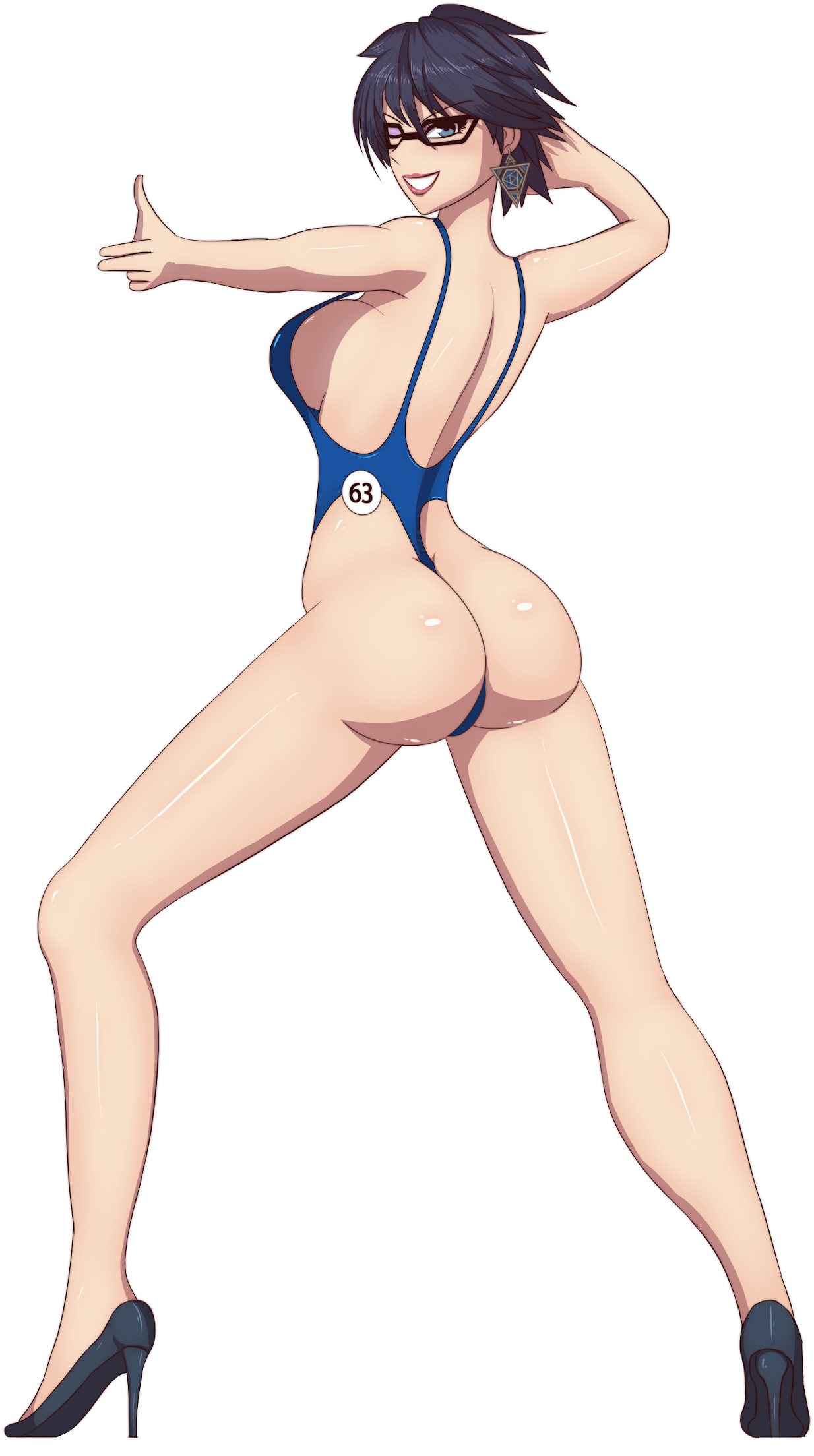 ass, bayonetta, bayonetta (character), bayonetta 2, bikini, breasts, bubble ass, bubble butt, earrings, female, female only, glasses, high heels, hourglass figure, medium breasts, pointing, sideboob, super smash bros., zelc-face