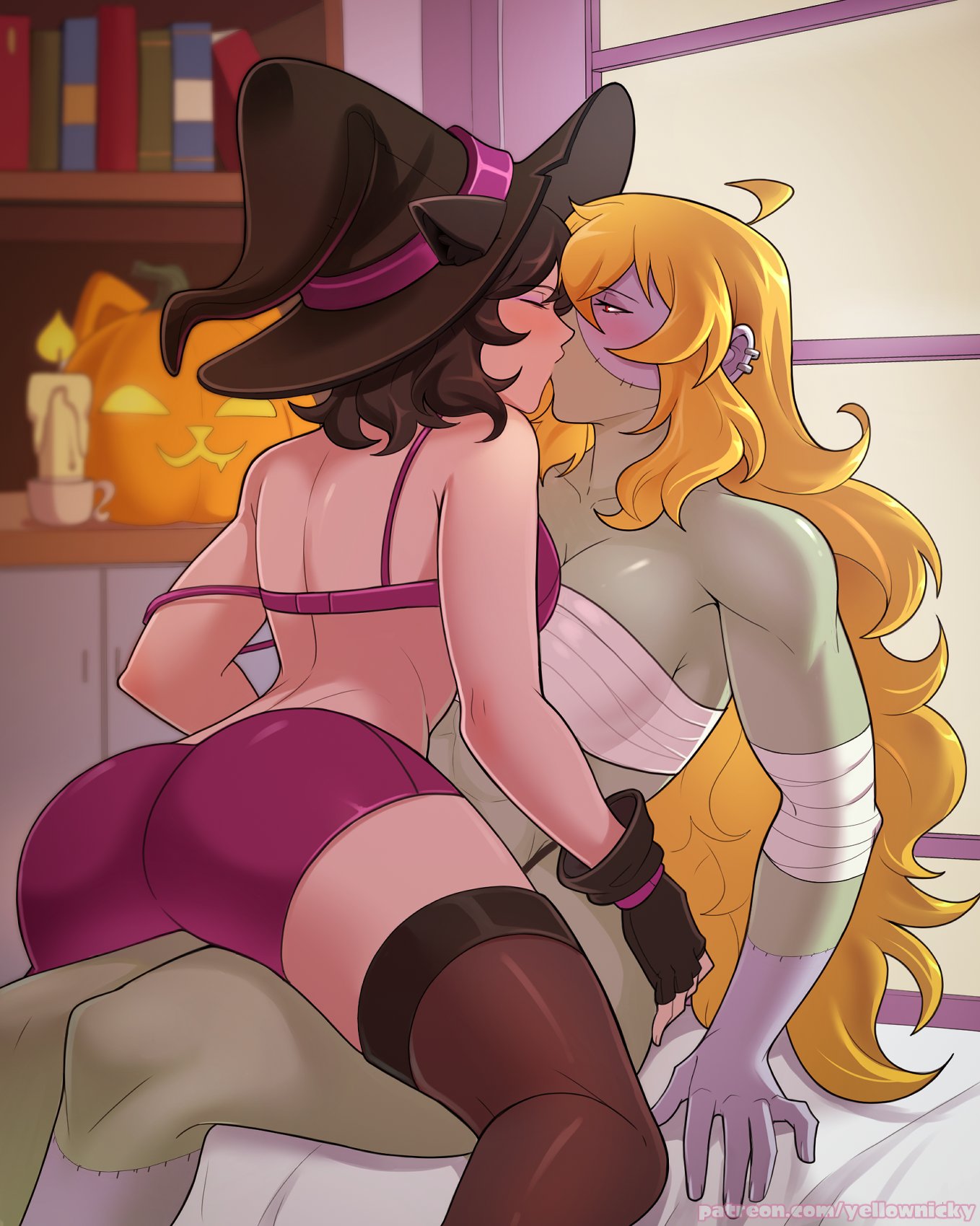 black hair, blake belladonna, blonde hair, female, lesbian kiss, rwby, yang xiao long, yellow nicky (artist), yuri