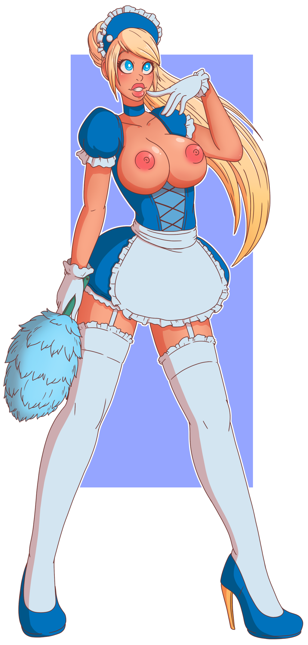 1girls, big breasts, bimbo, bimbo lips, blonde, blonde hair, blue eyes, breasts, breasts out, breasts outside, feather duster, female, female only, garter belt, gloves, happy trance, high heels, large breasts, large lips, long hair, maid, maid headdress, maid uniform, metroid (series), nintendo, open clothes, png, ponytail, samus aran, smile, solo, spiral eyes, symbol in eyes, thighhighs, wrenzephyr2