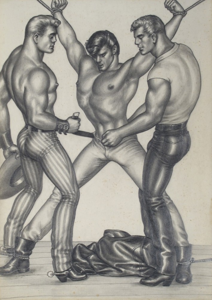 1950s 1958 20th_century 3boys 50s arm_restraints arms_above_head ass being_undressed bondage boots bound_ankles bound_wrists boy_rape bulge forced gay hunk leather leather_gear leather_jacket leather_pants leg_restraint leg_restraints male male_nipples male_only multiple_boys muscular part_of_a_set questionable_consent restrained restrained_arms restrained_legs restraints rope straight_hair tight_pants tom_of_finland topless traditional_media traditional_media_(artwork) two_on_one undressing yaoi