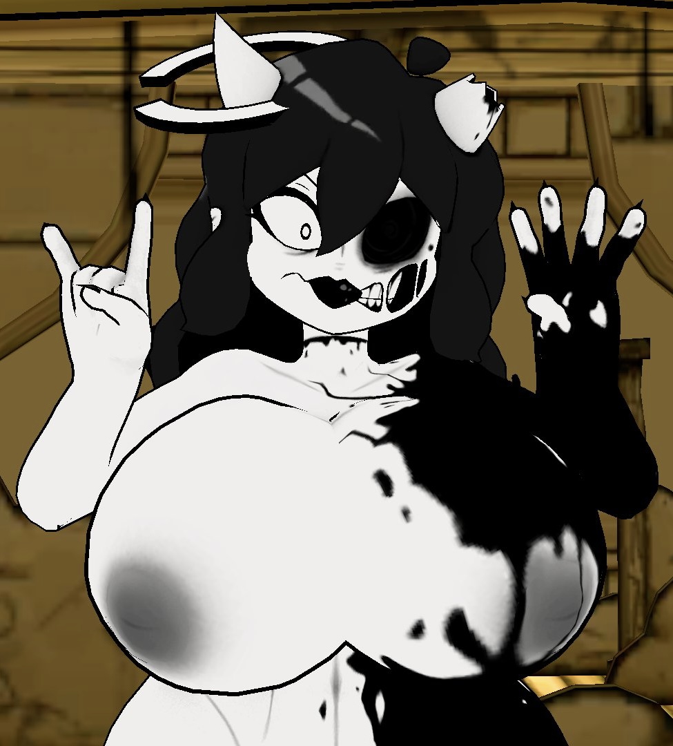alice angel, bendy and the ink machine, big breasts, black hair, breasts, female, solo, susie campbell, white body