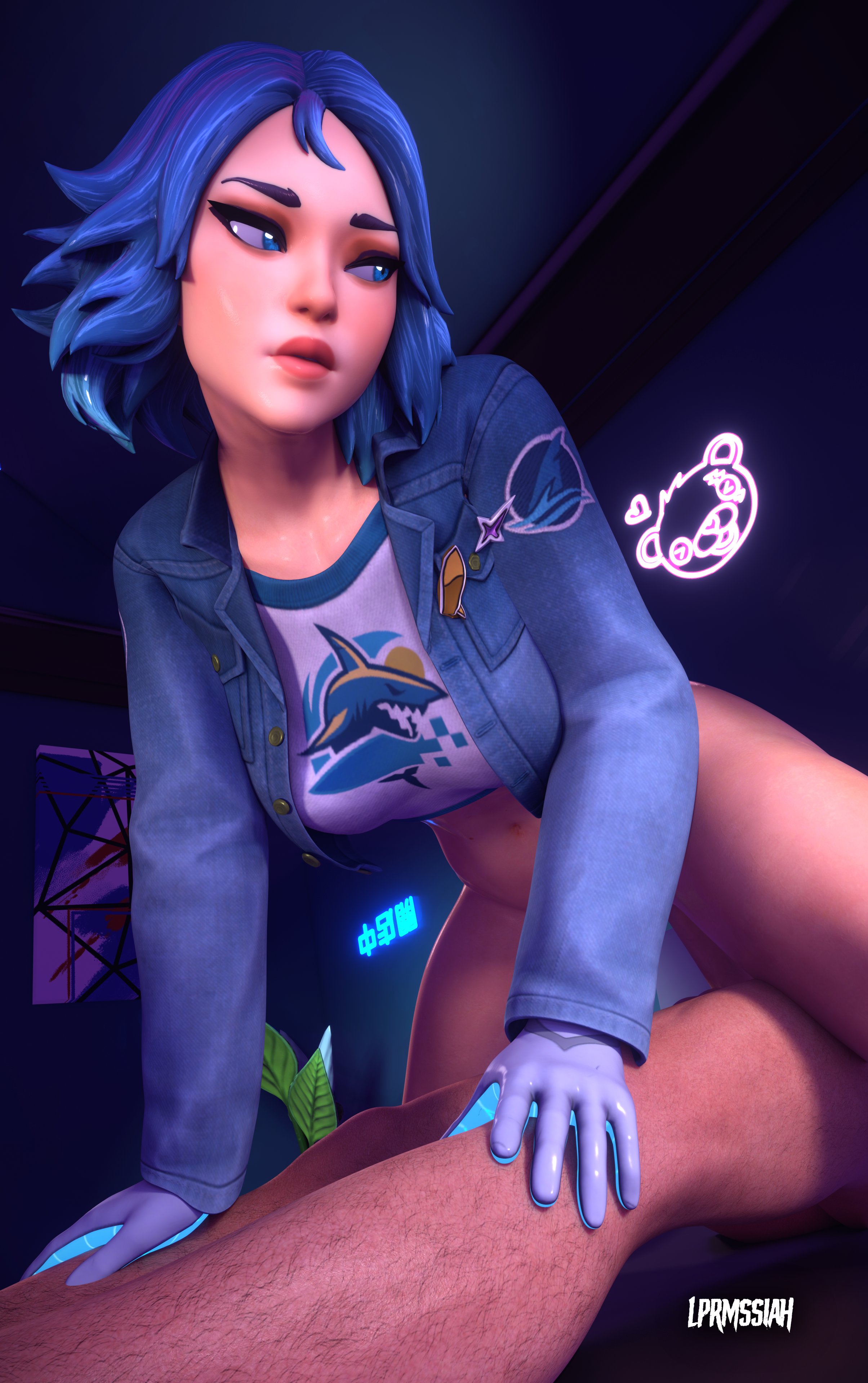 1boy, 1boy1girl, 1girls, 3d, 3d model, blue eyes, blue hair, bottomless, epic games, female, fortnite, fortnite: battle royale, hands on legs, jacket, led light, lepermessiah, light skin, light-skinned female, light-skinned male, lightrider (fortnite), looking at another, looking back, male, male/female, no panties, partially clothed, penis, reverse cowgirl position, riding, riding penis, sex, t-shirt, white skin, x redeyes
