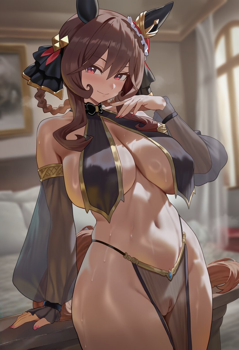 1girl, ai generated, ai ye, big breasts, blush, blushing, breasts, egyptian clothes, gentildonna (umamusume), huge breasts, large breasts, looking at viewer, pussy, pussy visible through clothes, sweat, sweating, umamusume, umamusume pretty derby