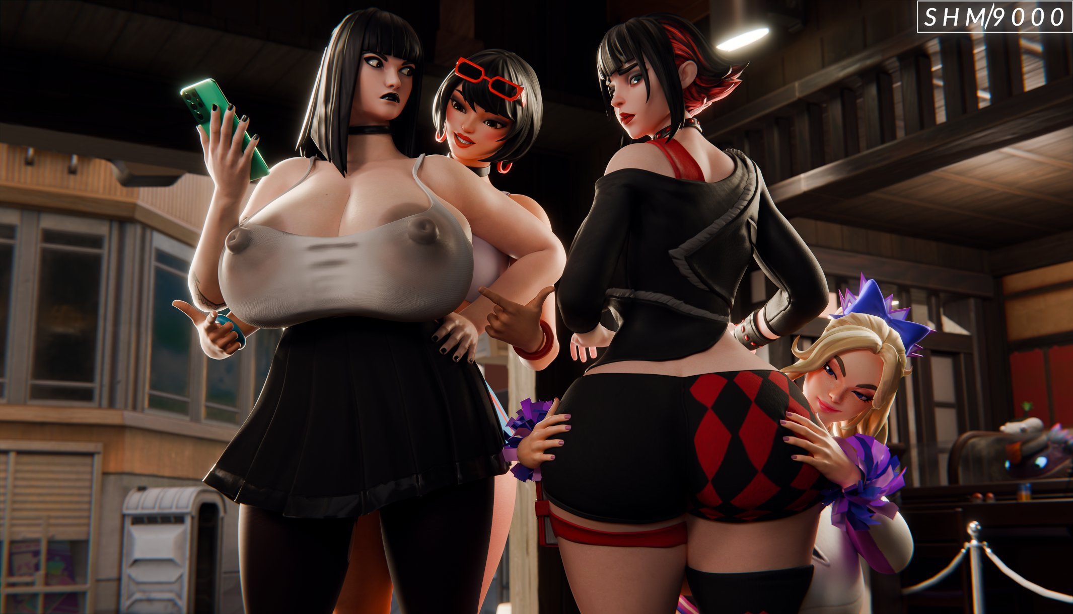 4girls, angry, areolae, ass, ass grab, bare shoulders, big ass, big breasts, big butt, black hair, black lipstick, black nails, blonde female, blonde hair, blue eyes, breasts, charlotte (fortnite), cheerleader, cheerleader uniform, choker, crop top, earrings, epic games, evie (fortnite), eyeglasses, eyeshadow, eyewear on head, female, female only, femdom, fortnite, fortnite: battle royale, freckles, goth, gothic, haylee skye (fortnite), imminent sex, light-skinned female, lipstick, long hair, morgan myst (fortnite), multicolored hair, multiple females, multiple girls, nipples visible through clothing, painted nails, superhentaimaster9000, underboob