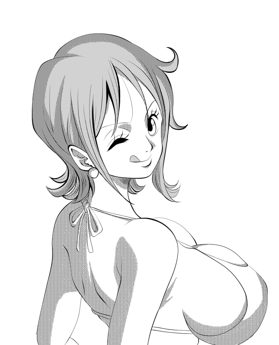 1girls, artist name, big breasts, bikini top, black and white, blinking, breasts, cleavage, female, female only, huge breasts, looking at viewer, monochrome, nami (one piece), one piece, seductive, sexy, side view, sideboob, tongue out, white background, yoonsmr